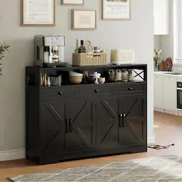 Babevy - Farmhouse Sideboard Buffet Cabinet with Storage Shelf and Built-in Charging Station - Black