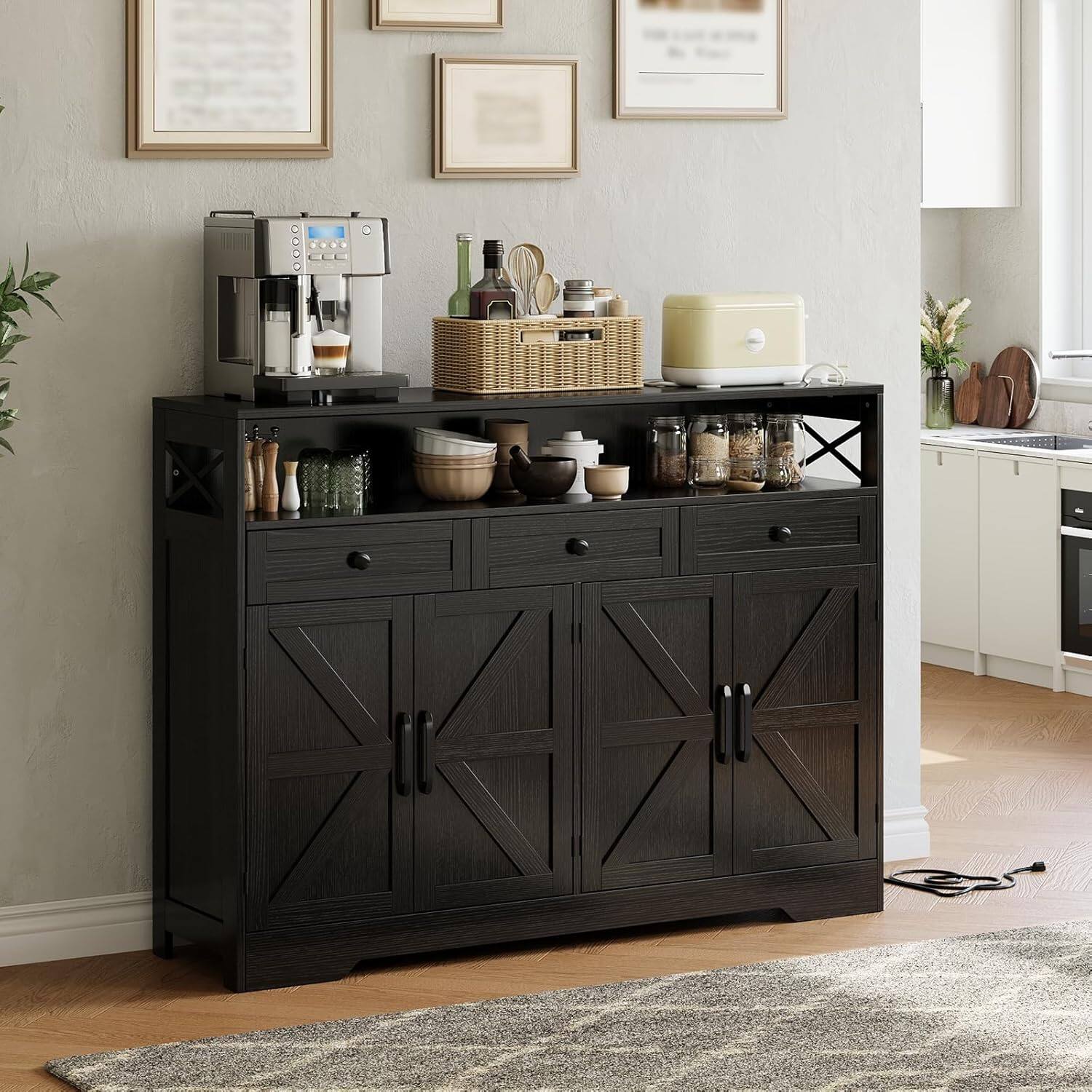 Front. Babevy - Farmhouse Black Sideboard Buffet Cabinet with Storage Shelf and Built-in Charging Station - Black.
