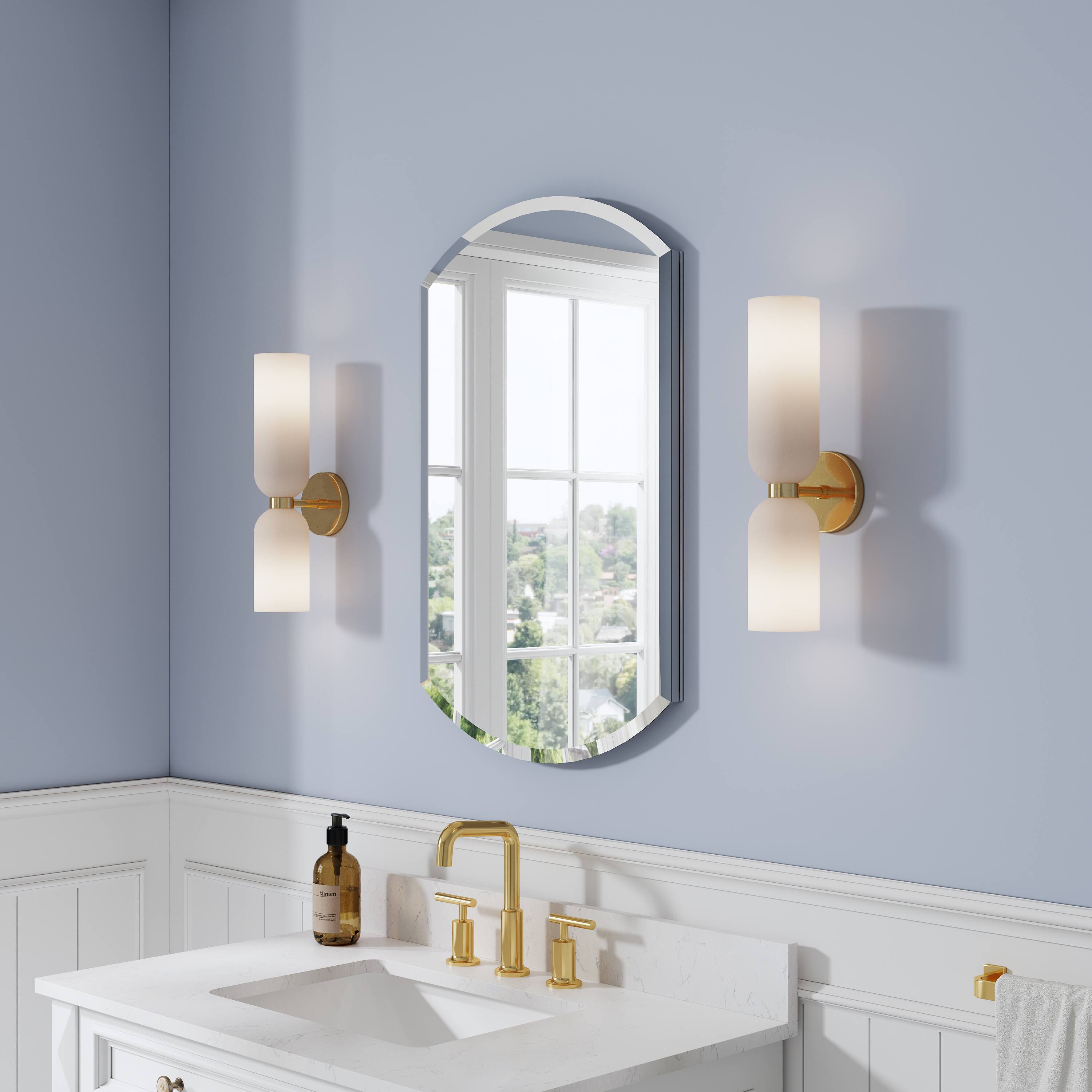 Angle. WELLFOR - 20 in. W x 32 in. H Oval Aluminum Tri-View Medicine Cabinet with Mirror, Blum Hinge, Adjustable Shelves - Silver.