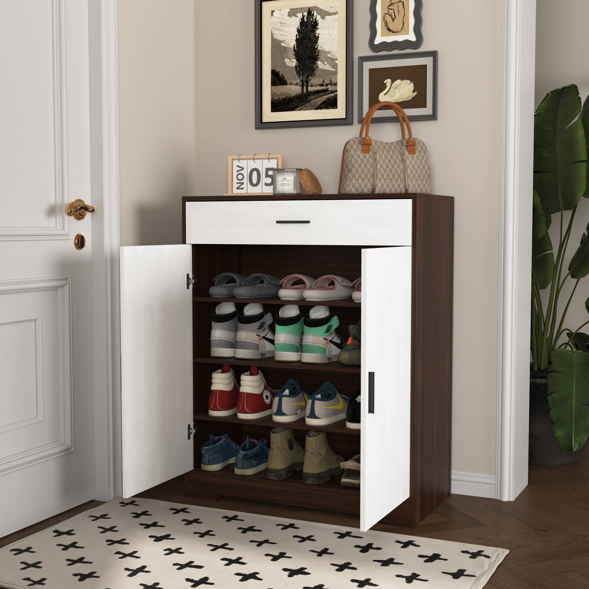 Left. GOODSILO - 4-Tier Shoe Storage Cabinet with Adjustable Shelves and Spacious Drawer for Entryway and Hallway Organization - Walnut.