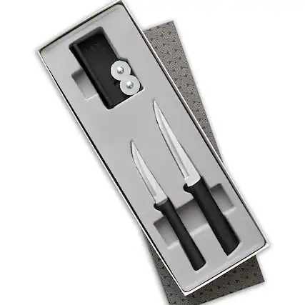 Front. Rada - 2 Piece Paring Knife Set with Sharpener and Gift Box, Black Handles - Black.