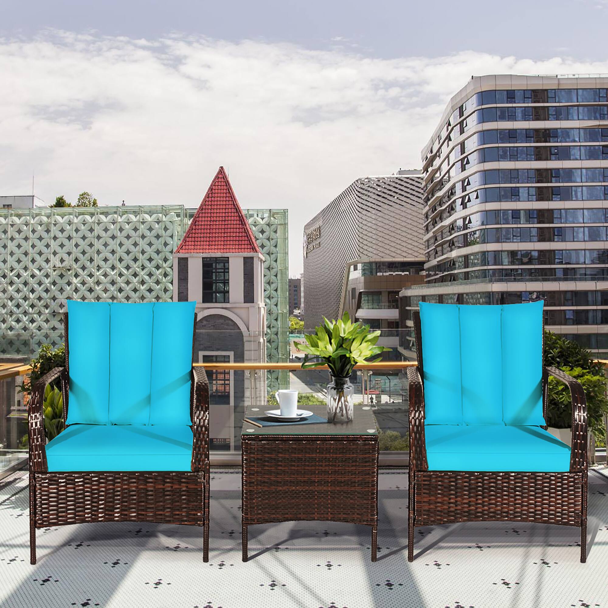 Alt View 1. Costway - 3 PCS Patio Wicker Rattan Furniture Set Coffee Table & 2 Rattan Chair W/Cushions - Turquoise.