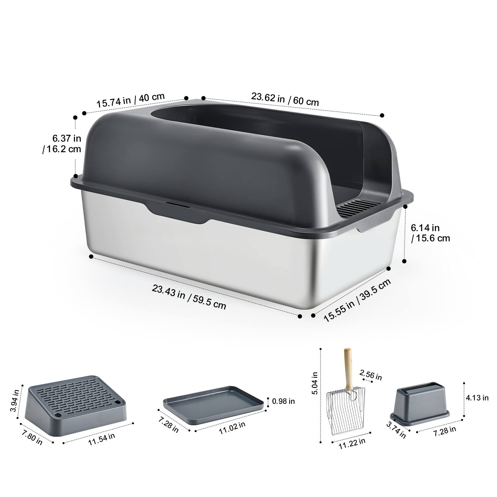 Here is the corrected and grouped text:

- 40 cm / 15.74 in
- 23.62 in
- 60 cm / 23.62 in
- 6.37 in / 16.2 cm
- 6.14 in / 15.6 cm
- 59.5 cm / 23.43 in
- 39.5 in / 15.55 in
- 3.94 in / 10 cm
- 7.80 in / 19.8 cm
- 11.54 in / 29.3 cm
- 11 in / 28 cm
- 7.28 in / 18.5 cm
- 11.02 in / 28 cm
- 0.98 in / 2.5 cm
- 5.04 in / 12.8 cm
- 2.56 in / 6.5 cm
- 3.74 in / 9.5 cm
- 11.22 in / 28.5 cm
- 4.13 in / 10.5 cm
- 7.28 in / 18.5 cm

Note: The image shows measurements for a product, likely a kitchen appliance, with dimensions in both centimeters and inches.