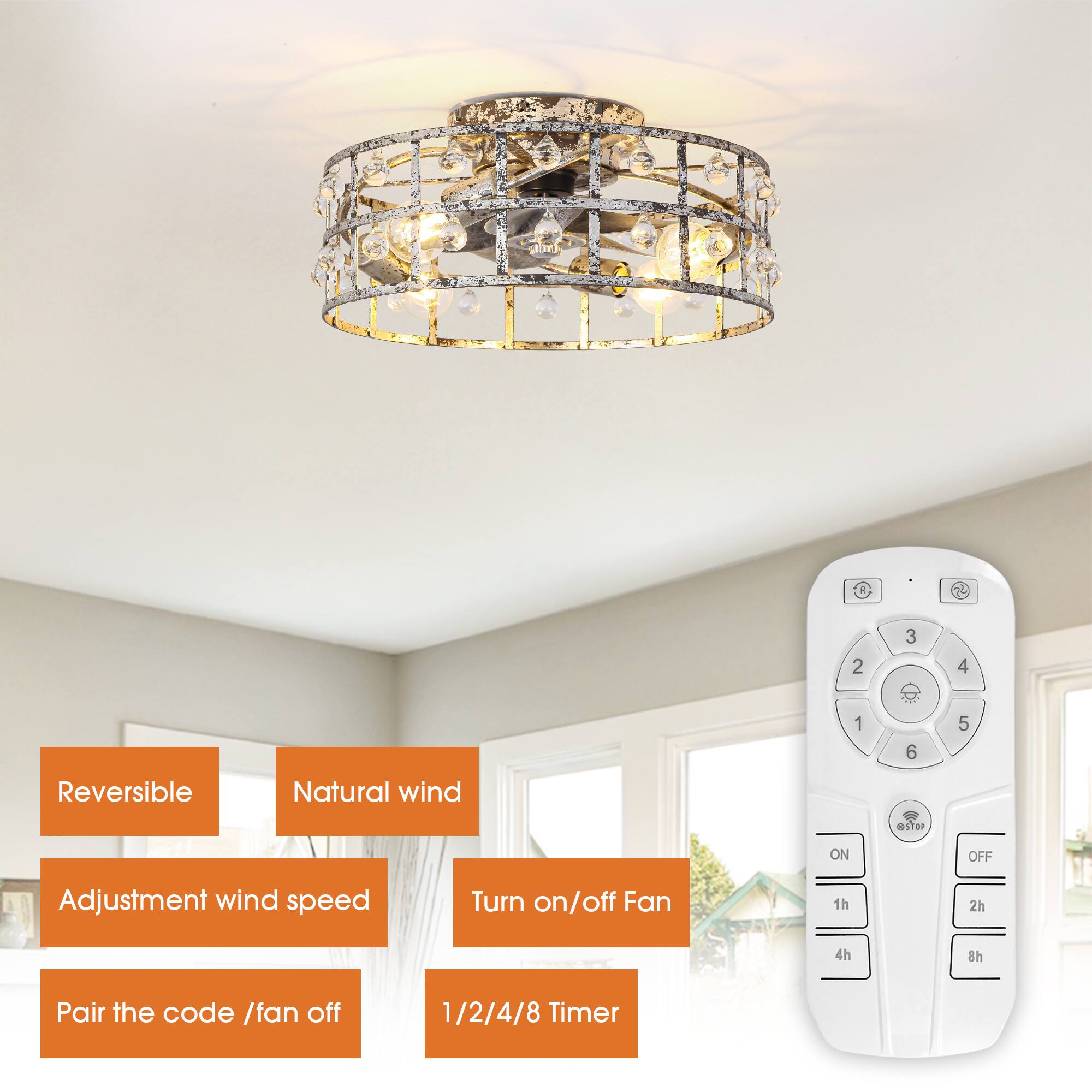 - Reversible
- Natural wind
- Adjustment wind speed
- Turn on/off Fan
- Pair the code / fan off
- 1/2/4/8 Timer
- ON
  - 1h
  - 2h
  - 4h
  - 8h
- OFF