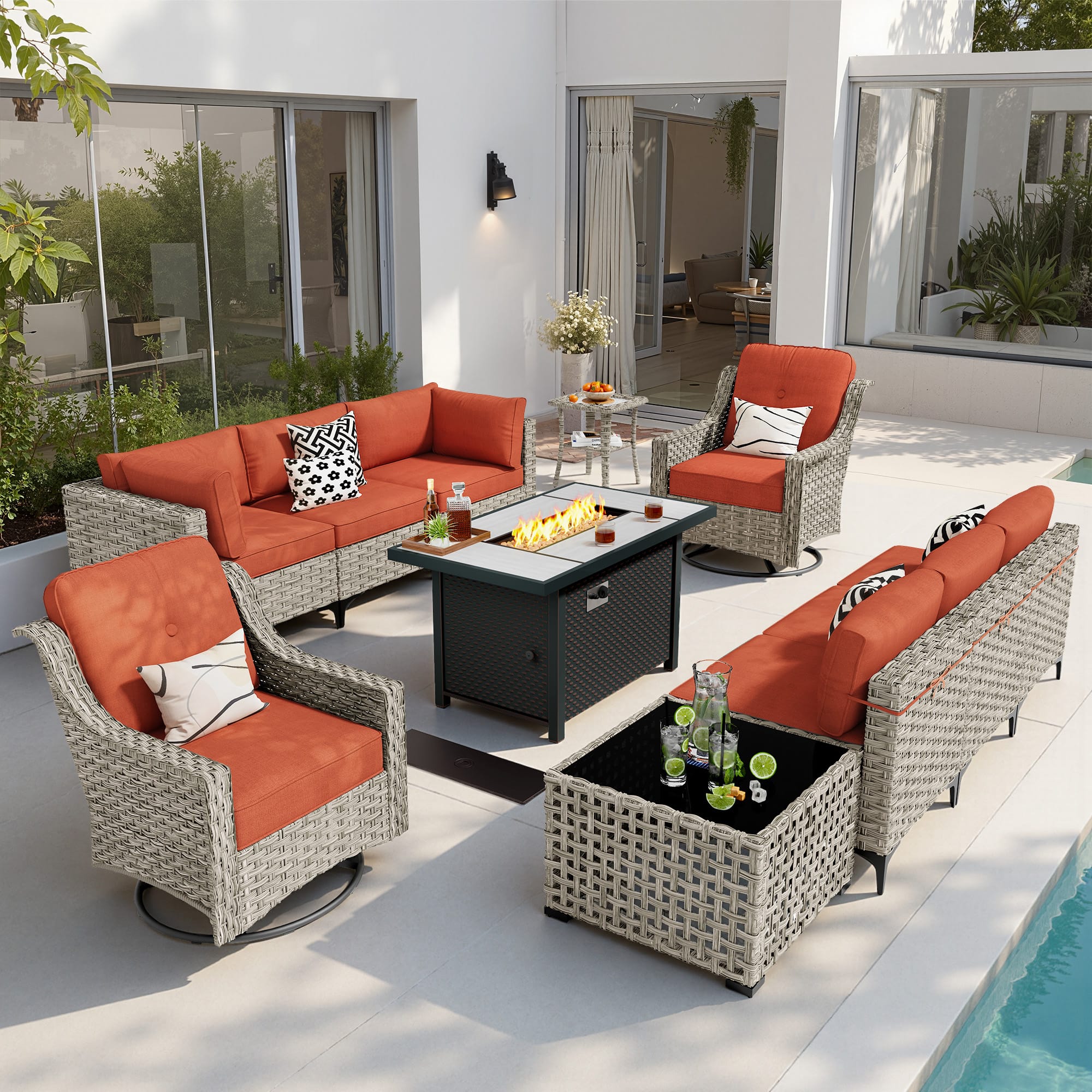 Ovios - 11 PCS Patio Furniture Sectional Sofa Set with Swivel Chair Coffee Table & 42" Firepit Table - Orange Red