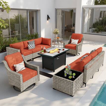 Front. Ovios - 11 PCS Patio Furniture Sectional Sofa Set with Swivel Chair Coffee Table & 42" Firepit Table - Orange Red.
