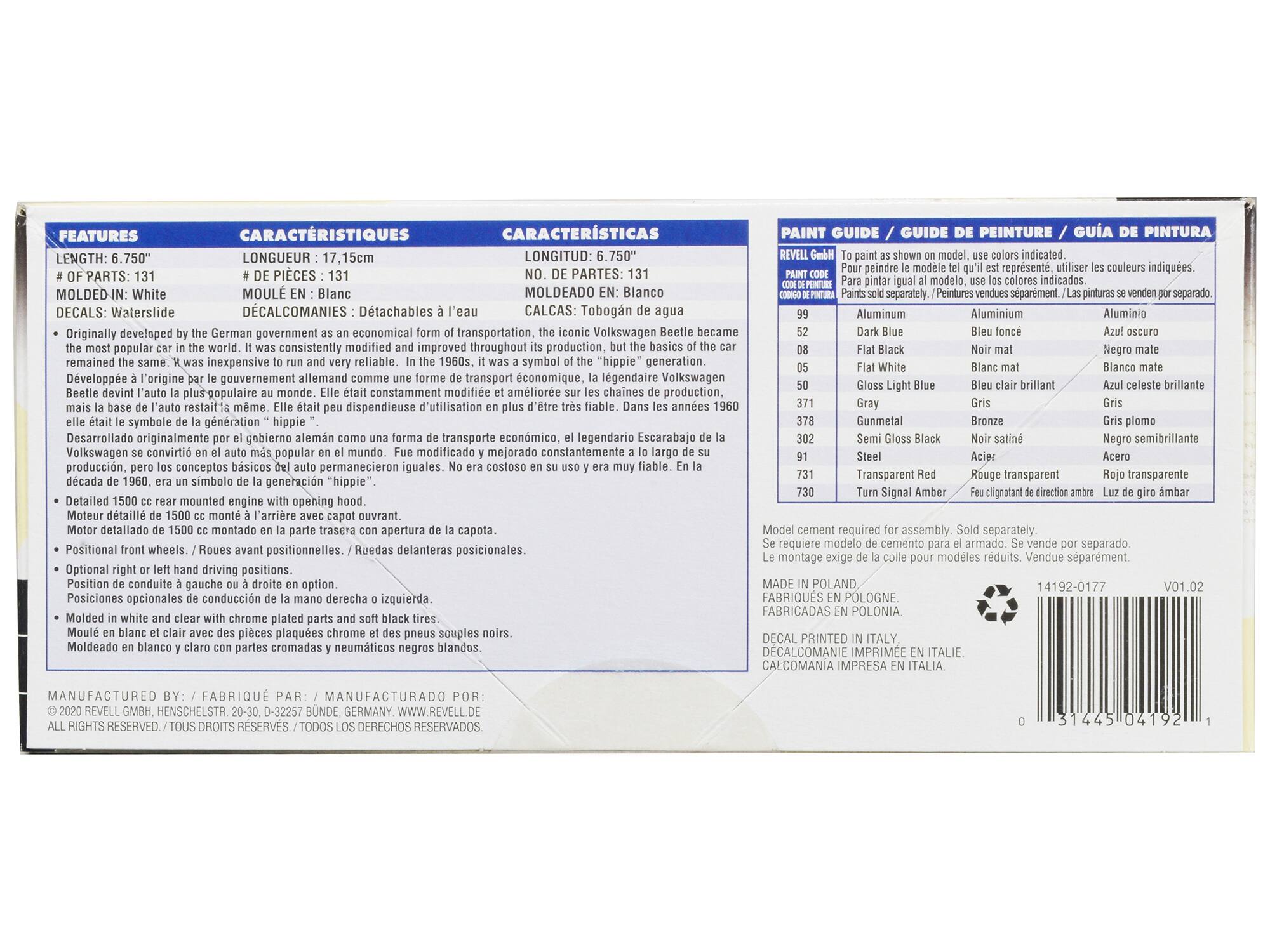**FEATURES / CARACHTÉRISTIQUES / CARACTERÍSTICAS**

- **LENGTH:** 6.750" / **LONGUEUR:** 17.15cm / **LONGITUD:** 6.750"
- **# OF PARTS:** 131 / **# DE PIECES:** 131 / **NO. DE PARTES:** 131
- **MOLDED-IN:** White / **MOULÉ EN:** Blanc / **MOLDEADO EN:** Blanco
- **DECALS:** Waterslide / **DÉCALCOMANIES:** Détachables / **CALCAS:** Tobogán de agua

Originally developed by the German government as an economical form of transportation, the iconic Volkswagen Beetle became the most popular car in the world. It was consistently modified and improved throughout its production, but the basics of the car remained the same: it was inexpensive to run and very reliable. In the 1960s, it was a symbol of the "hippie" generation.  
Développé à l'origine par le gouvernement allemand comme une forme de transport économique, l'icône Volkswagen Beetle est