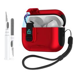 Dteck - Secure Lock Case For Airpods 4th Gen Shockproof Rugged Phone Stand Cover With Anti-Loss Strap + Clean Pen - Red