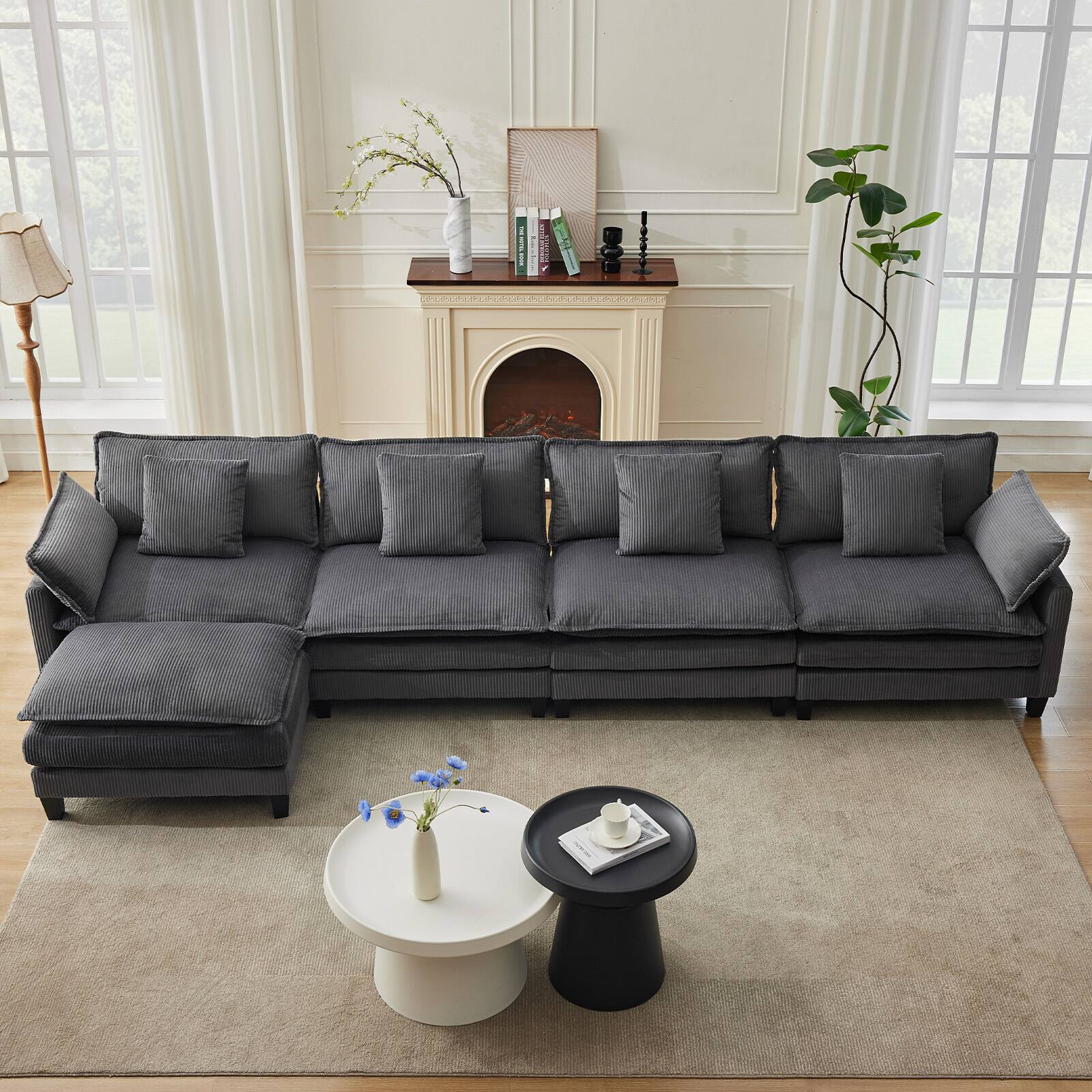Alt View 2. Babevy - Modern Modular Sectional Sofa with Ottoman and Throw Pillows Deep Seat Corduroy L Shaped Couch - Gray.
