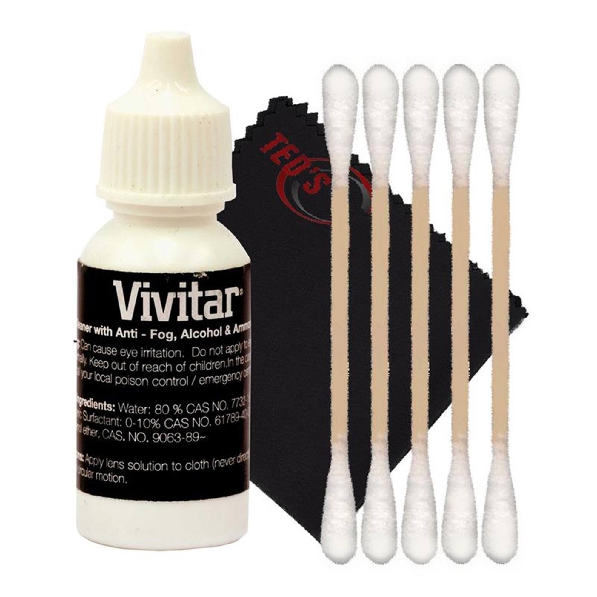 TED'S Vivitar® lens cleaner with Anti-Fog, Alcohol & Ammonia can cause eye irritation. Do not apply directly to the lens. Keep out of reach of children. In case of accidental ingestion, contact your local poison control / emergency services. Ingredients: Water: 80% CAS NO. 7732-18-5 Surfactant: 0-10% CAS NO. 61789-40-4 Isopropyl ether, CAS NO. 9063-89-9. Apply lens solution to cloth (never directly to the lens) in a circular motion.