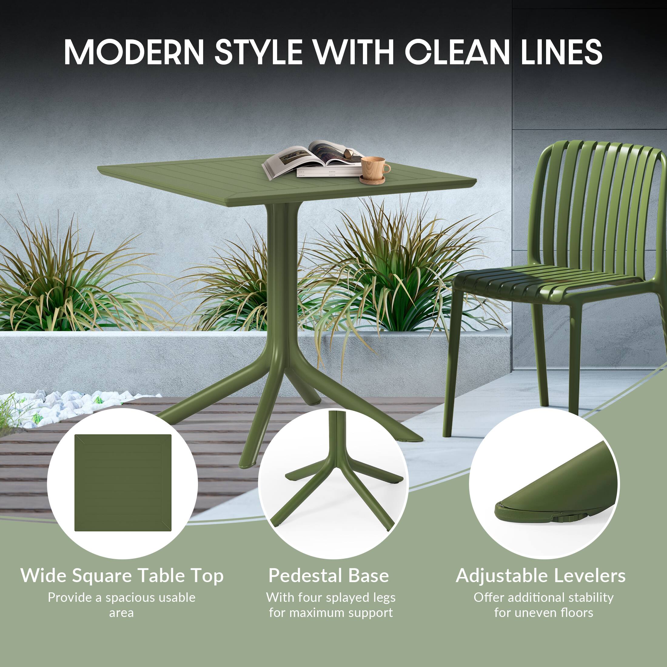 MODERN STYLE WITH CLEAN LINES

Wide Square Table Top
Provide a spacious usable area

Pedestal Base
With four splayed legs for maximum support

Adjustable Levelers
Offer additional stability for uneven floors
