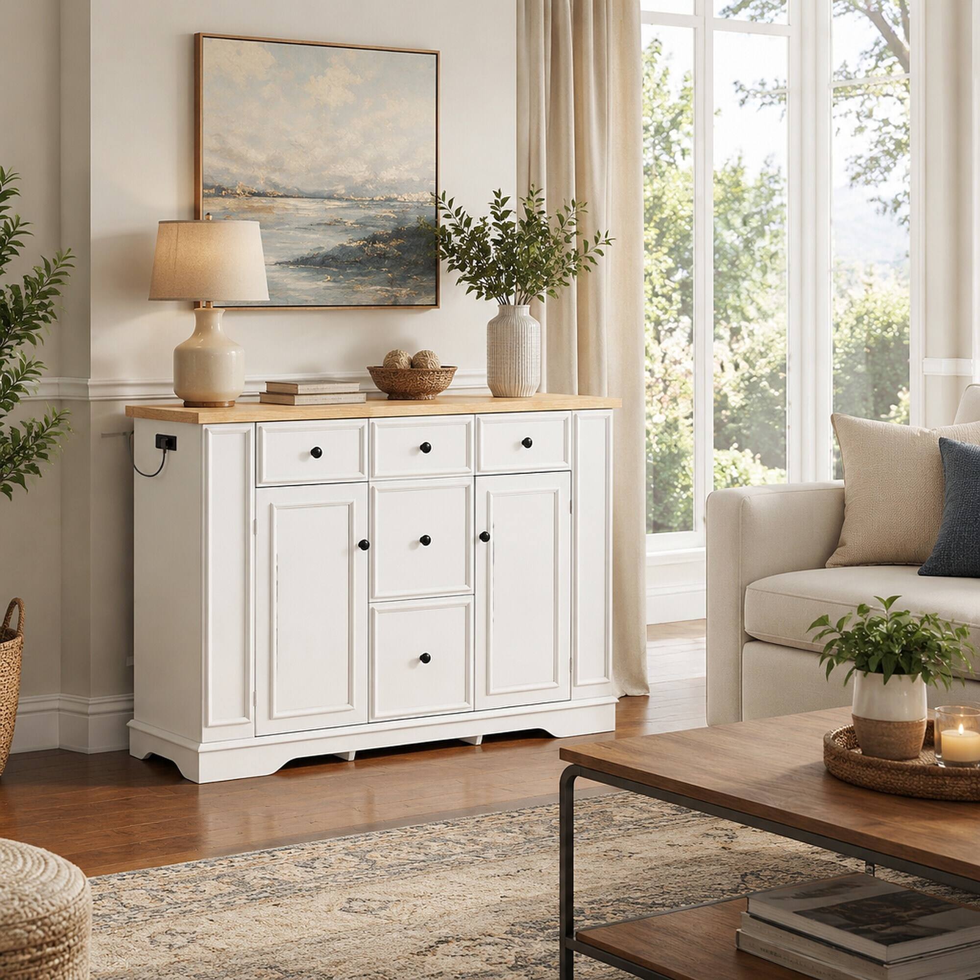 RYHNUYNE Freestanding Sideboard Buffet Cabinet with 5 Drawers and ...