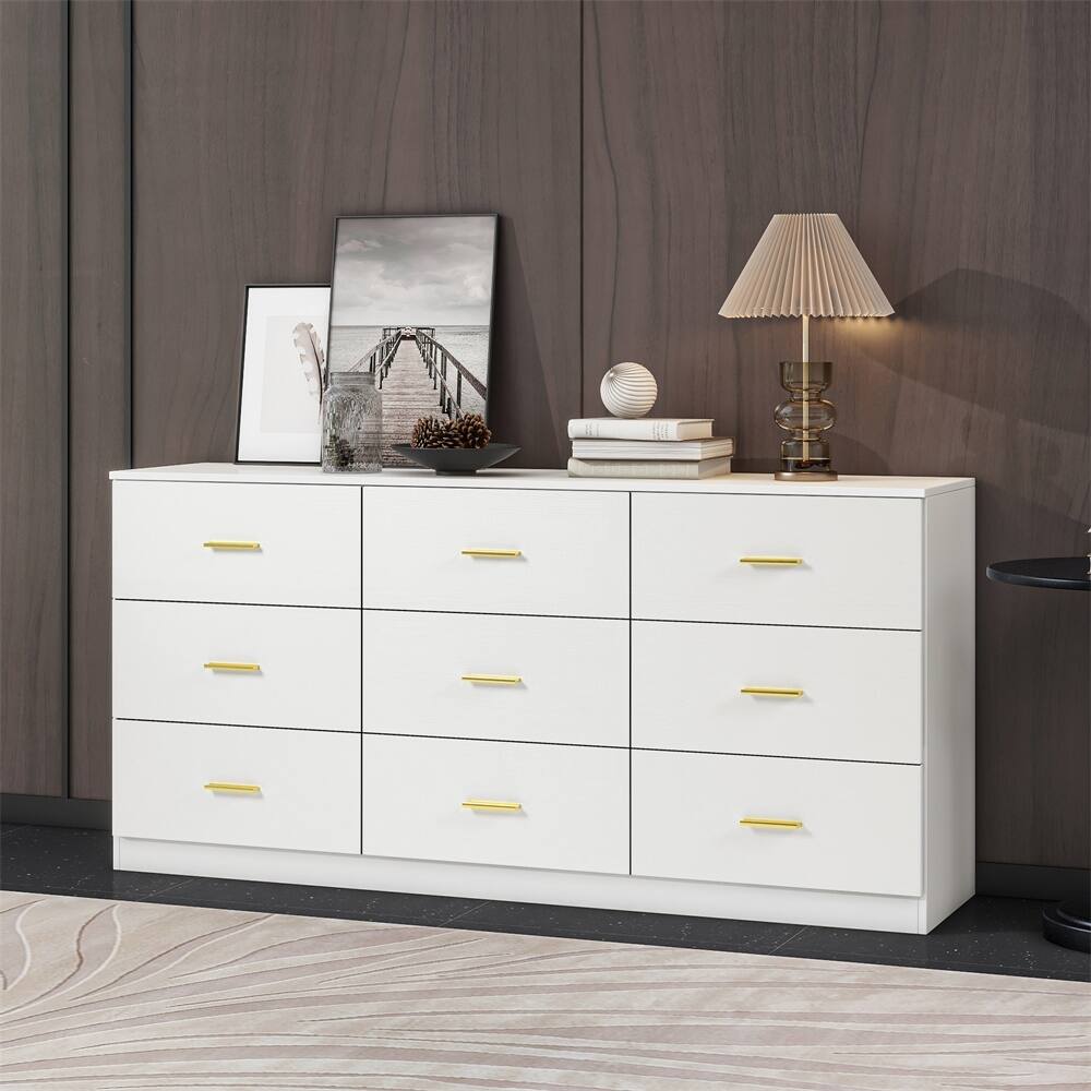 Angle. GOODSILO - 9-Drawer Dresser for Bedroom - Ample Storage Wide Chest, Sturdy & Safe - Antique White.