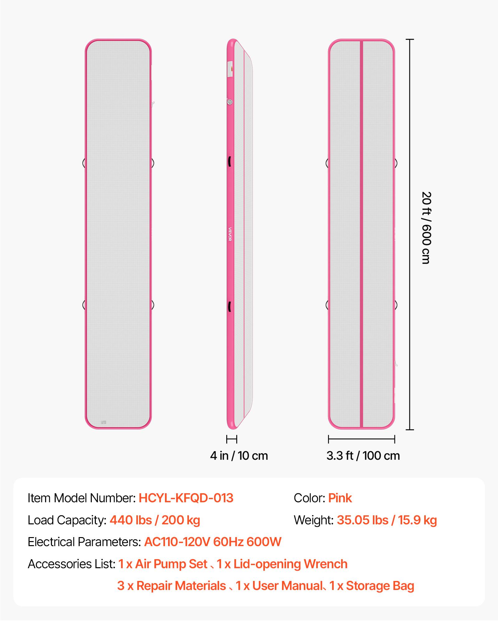 onan 20 ft / 20ft/600 600 cm I 4 in/10 in cm 3.3 ft/ 100 cm

Item Model Number: HCYL-KFQD-013
Color: Pink
Load Capacity: 440 lbs 200 kg
Weight: 35.05 lbs 15.9 kg
Electrical Parameters: AC110-120V 60Hz 600W
Accessories List: 1 X Air Pump Set 1x Lid-opening Wrench 3 X Repair Materials 1 X User Manual 1 X Storage Bag