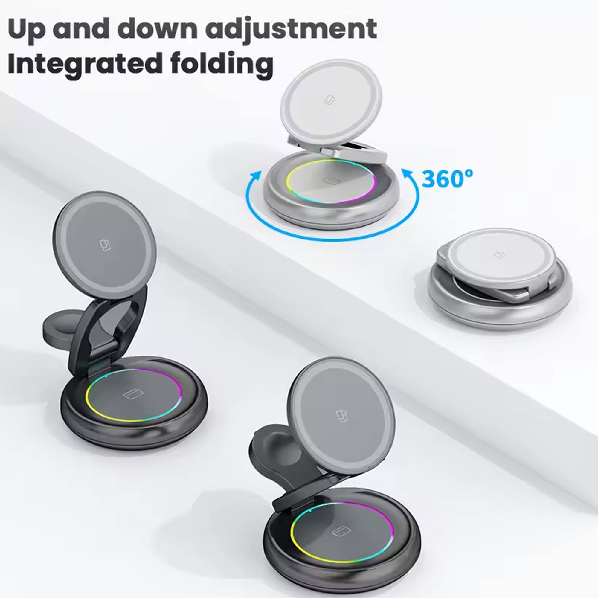 Up and down adjustment  
Integrated folding  
360°