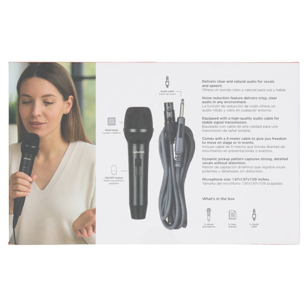 Auda ca Caboe - abus Delivers clear and natural audio for vocals and speech. Ofrece un sonido claro y natural para voces y habla. Noise reduction feature delivers crisp, clear audio in any environment. La función de reducción de ruido ofrece un audio nítido y claro en cualquier entorno. Munal bo Cueren metaiis Equipped with a high-quality audio cable for stable signal transmission. Equipado con cable de alta calidad para una transmisión de señal estable. - Comes with a 5-meter cable to give you freedom to move on stage or in events. Incluye cable de 5 metros que brinda libertad de movimiento en presentaciones o eventos. Dynamic pickup pattern captures strong, detailed vocals without distortion. Patrón de captación dinámico que registra voces potentes y detalladas sin distorsión. ON/OFF button. Botón encendido/apagado. Microphone size: 1.97x1.97x7.09 inches. Tamaño del micrófono: 1.97x1.97x7.09 pulgadas. What's in the box: 1x Wired microphone, 1