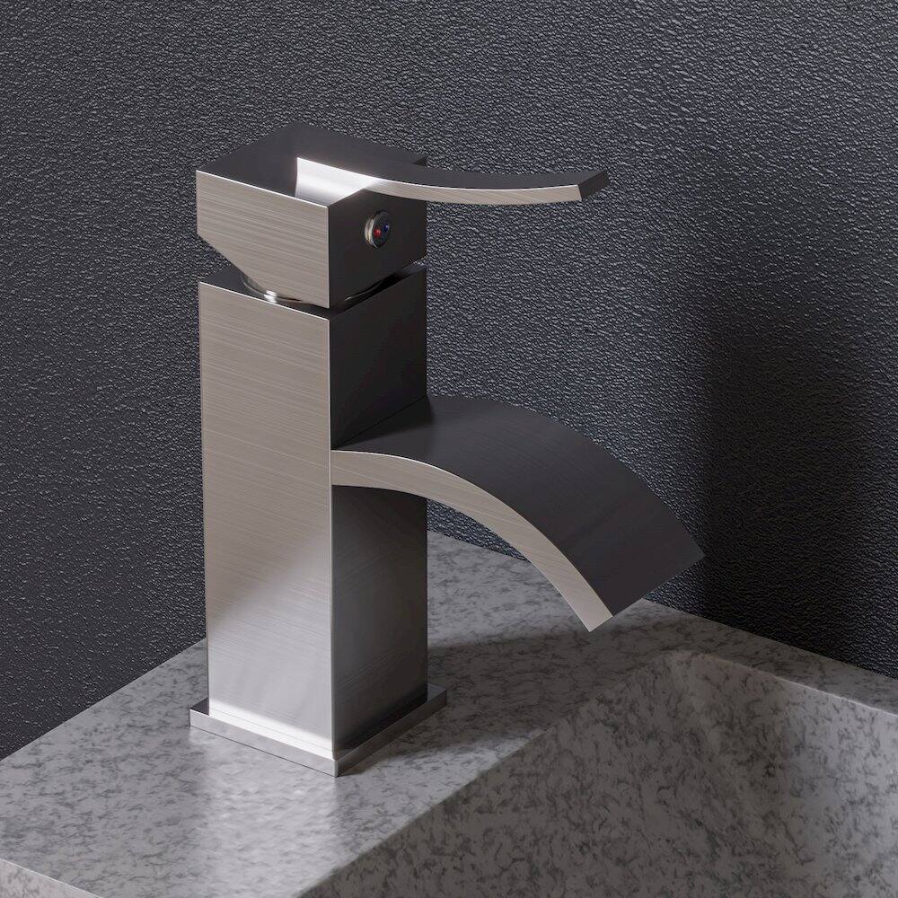 Angle. Alfi - Brushed Nickel Square Body Curved Spout Single Lever Bathroom Faucet - Silver.