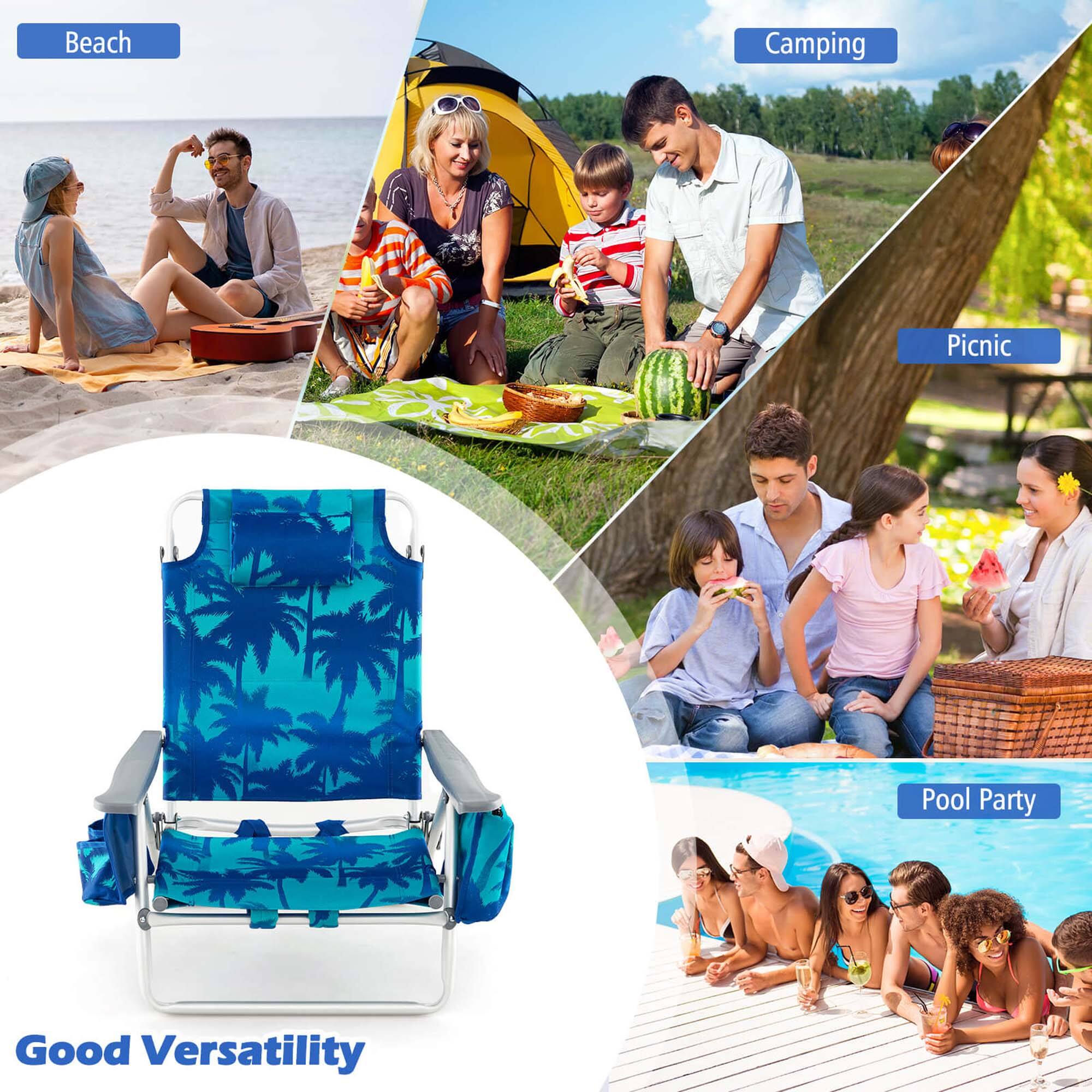 The text on the image is grouped as follows:

1. Beach
2. Camping
3. Picnic
4. Pool Party
5. Good Versatility

The corrected text would be:

1. Beach
2. Camping
3. Picnic
4. Pool Party
5. Good Versatility