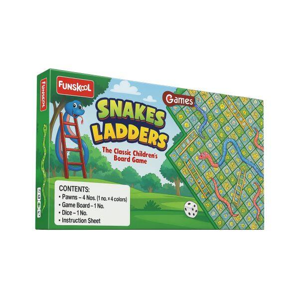 FUNSKOOL Games SNAKES LADDERS The Classic Children's Board Game
CONTENTS:
- Pawns - 4 Nos. (1 no. x 4 colors)
- Game Board 1 No.
- Dice - 1 No.
- Instruction Sheet