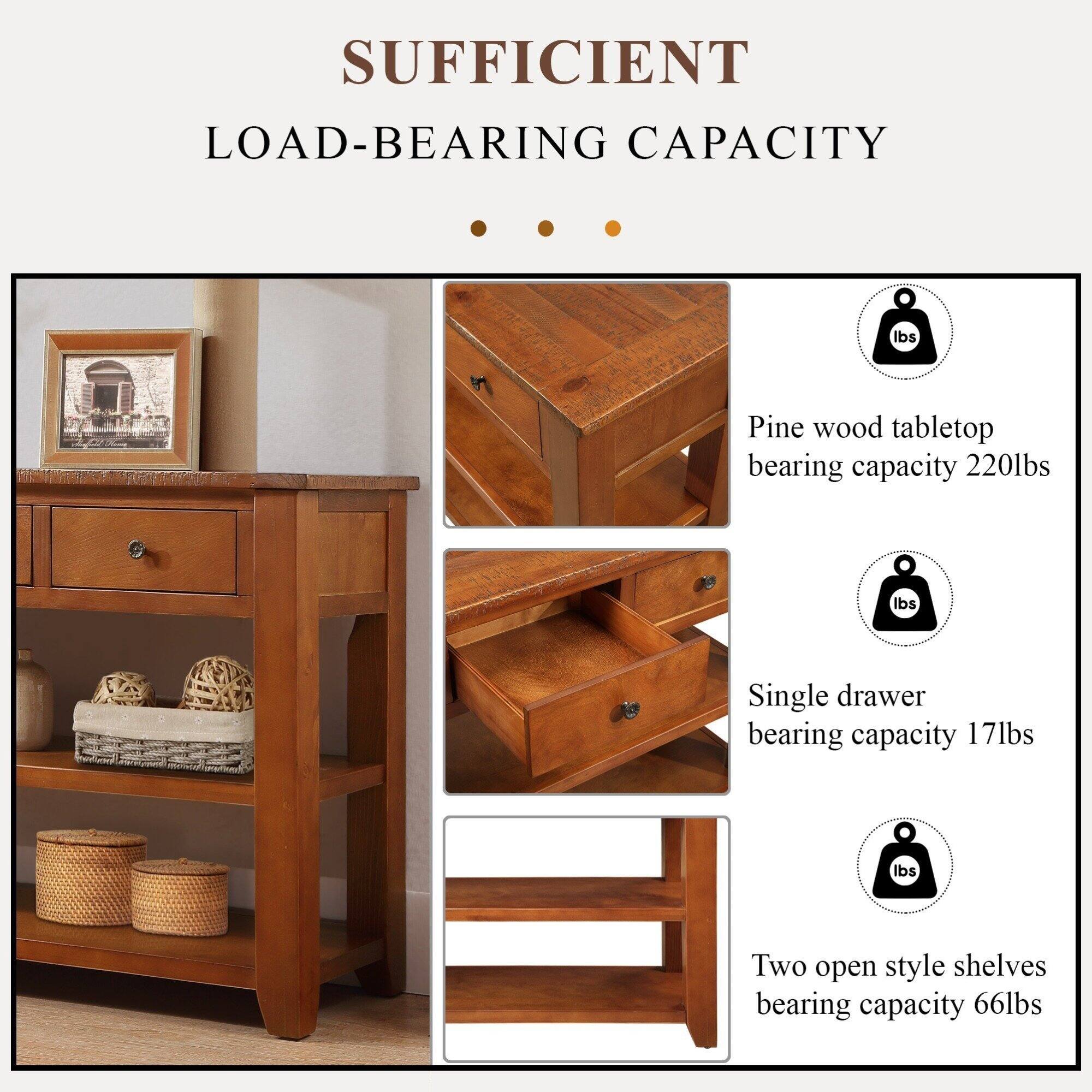 SUFFICIENT LOAD-BEARING CAPACITY

- Pine wood tabletop bearing capacity 220lbs
- Single drawer bearing capacity 17lbs
- Two open style shelves bearing capacity 66lbs