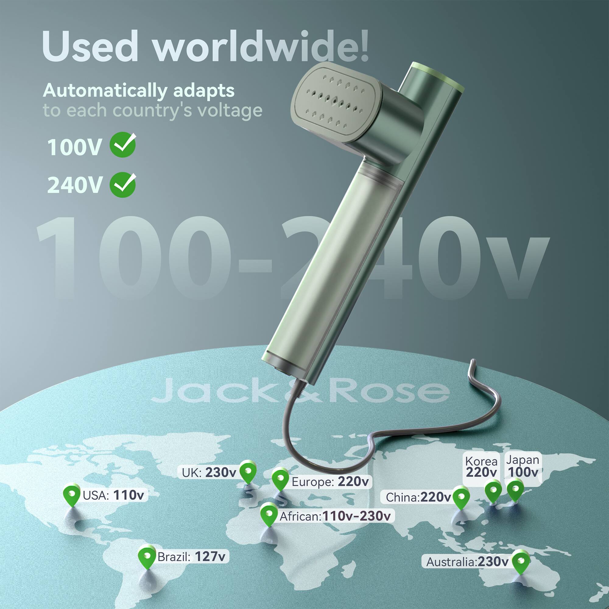 Used worldwide! Automatically adapts to each country's voltage

100V ✔️  
240V ✔️  

100-240V  

USA: 110V  
UK: 230V  
Korea: 220V  
Japan: 100V  
Europe: 220V  
China: 220V  
Africa: 110V-230V  
Brazil: 127V  
Australia: 230V