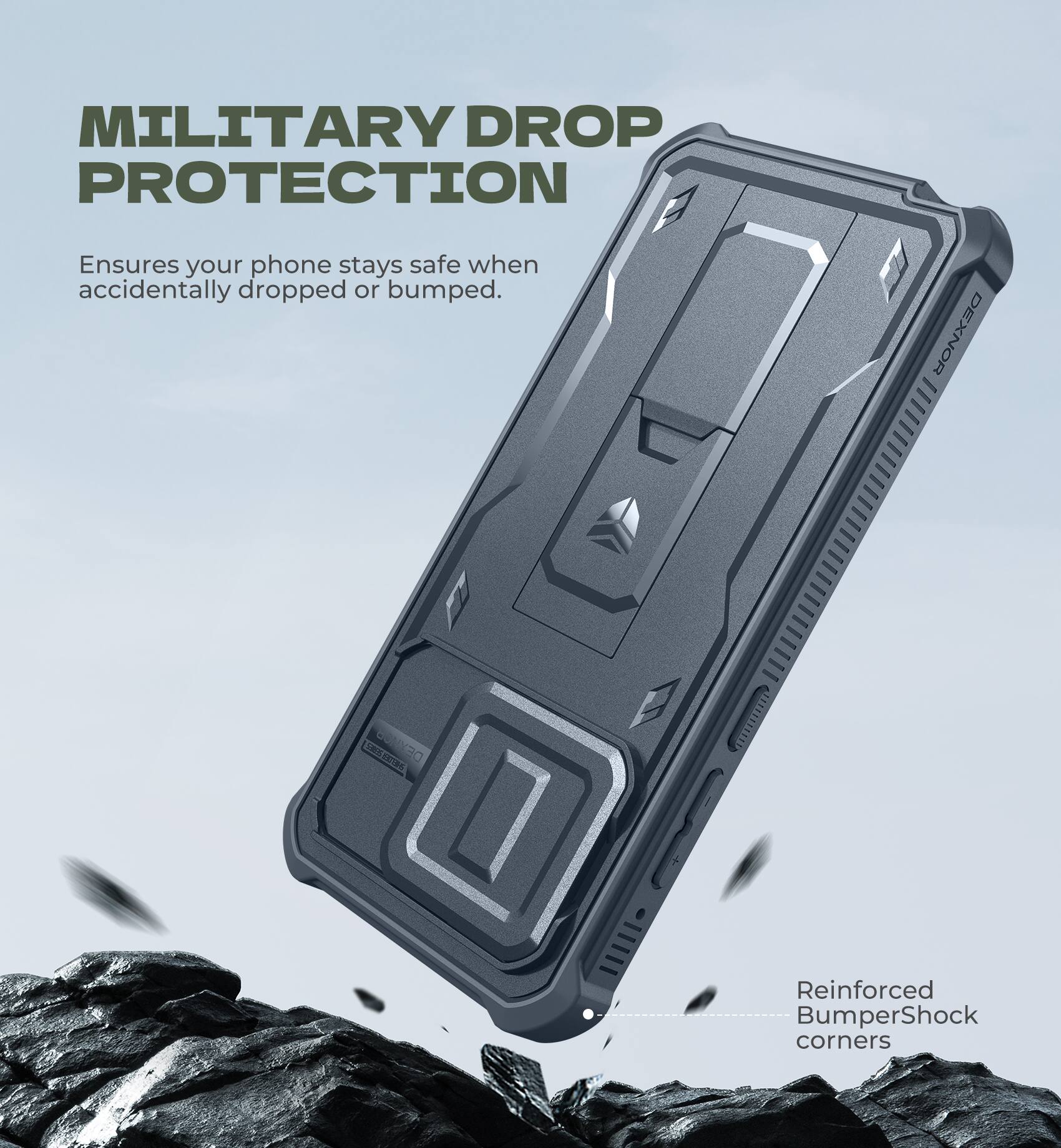 MILITARY DROP PROTECTION  
Ensures your phone stays safe when accidentally dropped or bumped.  

Reinforced BumperShock corners