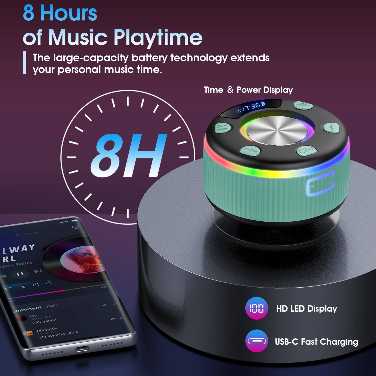 8 Hours of Music Playtime  
The large-capacity battery technology extends your personal music time.  

8H  

Time & Power Display  

HD LED Display  
USB-C Fast Charging  

Search  
LWAY  
RL  
adily Bailey  
4:50  
Comment (3555)  
Ian  
Fell good!  
Michelle  
My favorite voice  

17:36  
3S