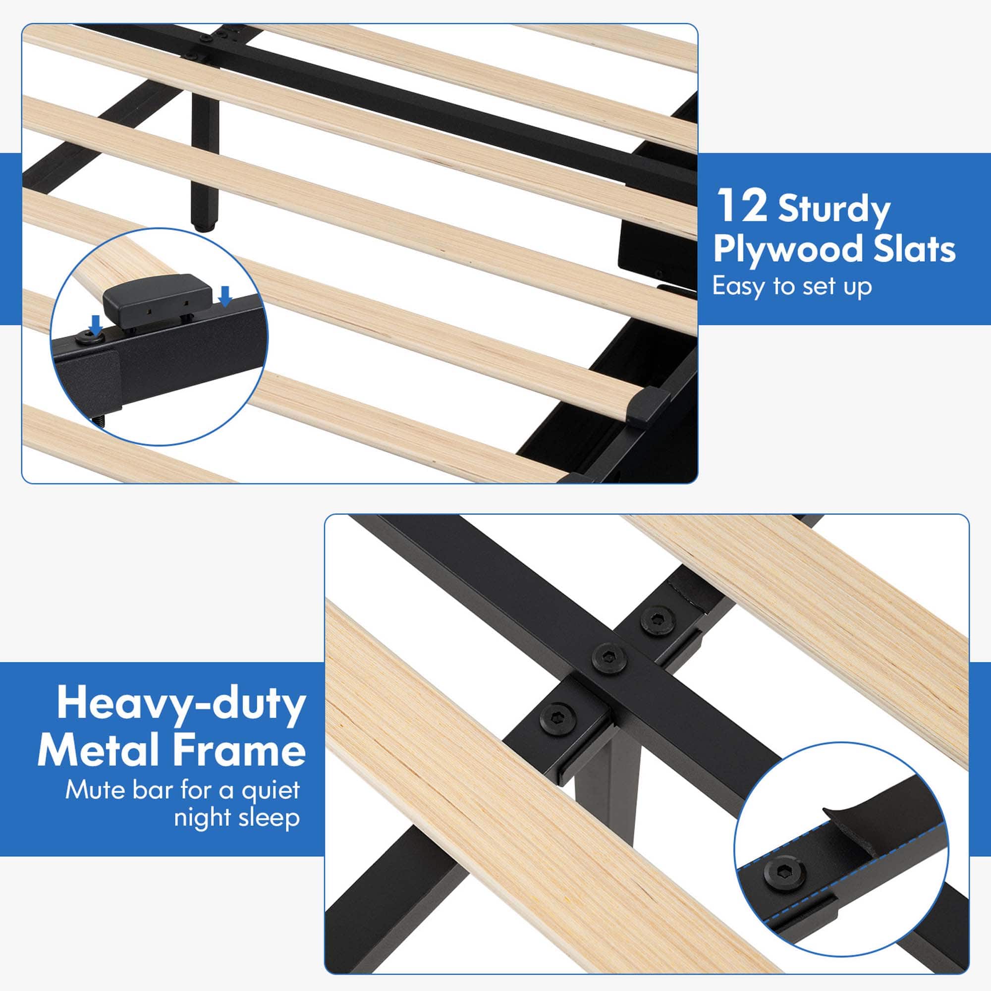 The text on the image reads: "12 Sturdy Plywood Slats Easy to set up Heavy-duty Metal Frame Mute bar for a quiet night sleep."
