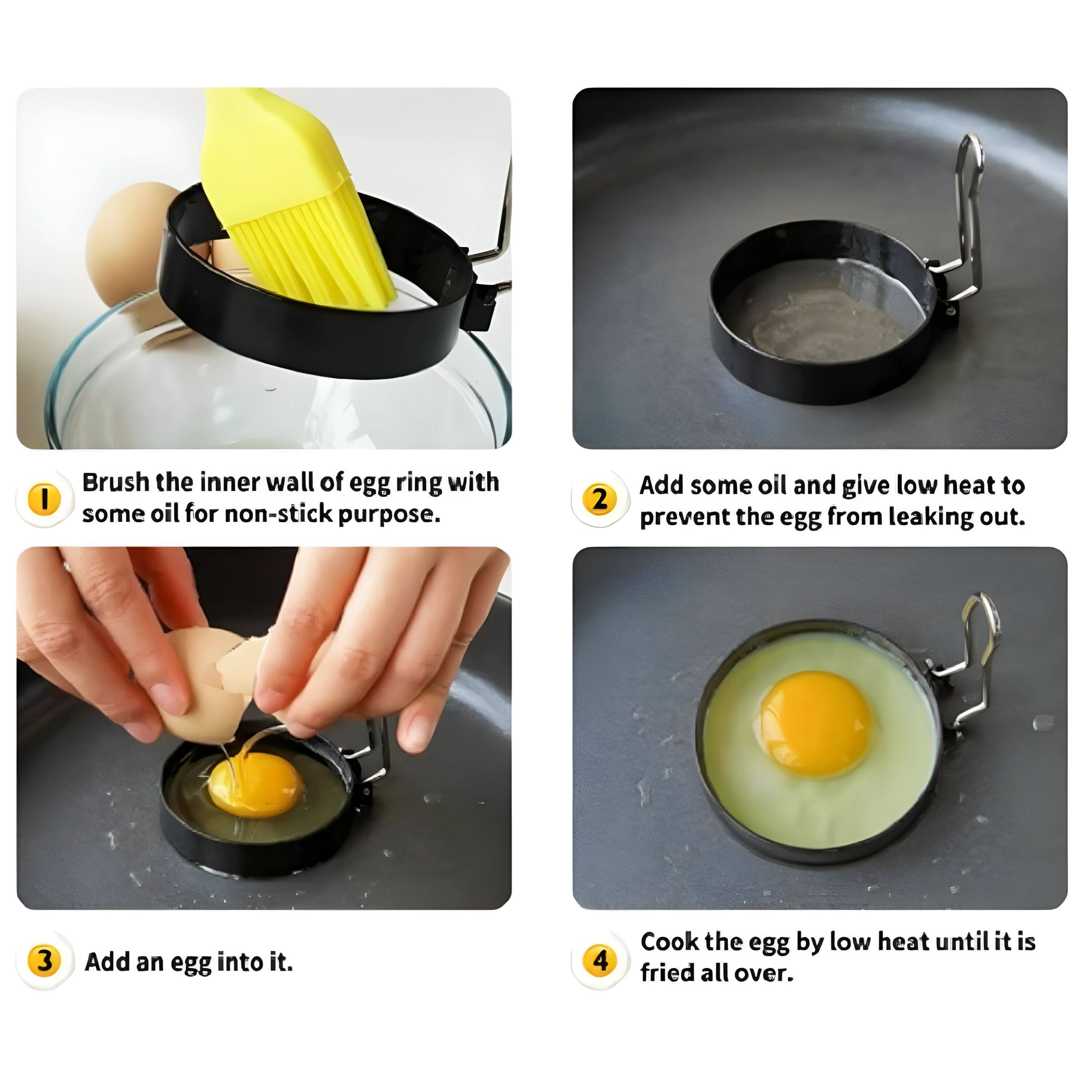 1. Brush the inner wall of egg ring with some oil for non-stick purpose.

2. Add some oil and give low heat to prevent the egg from leaking out.

3. Add an egg into it.

4. Cook the egg by low heat until it is fried all over.