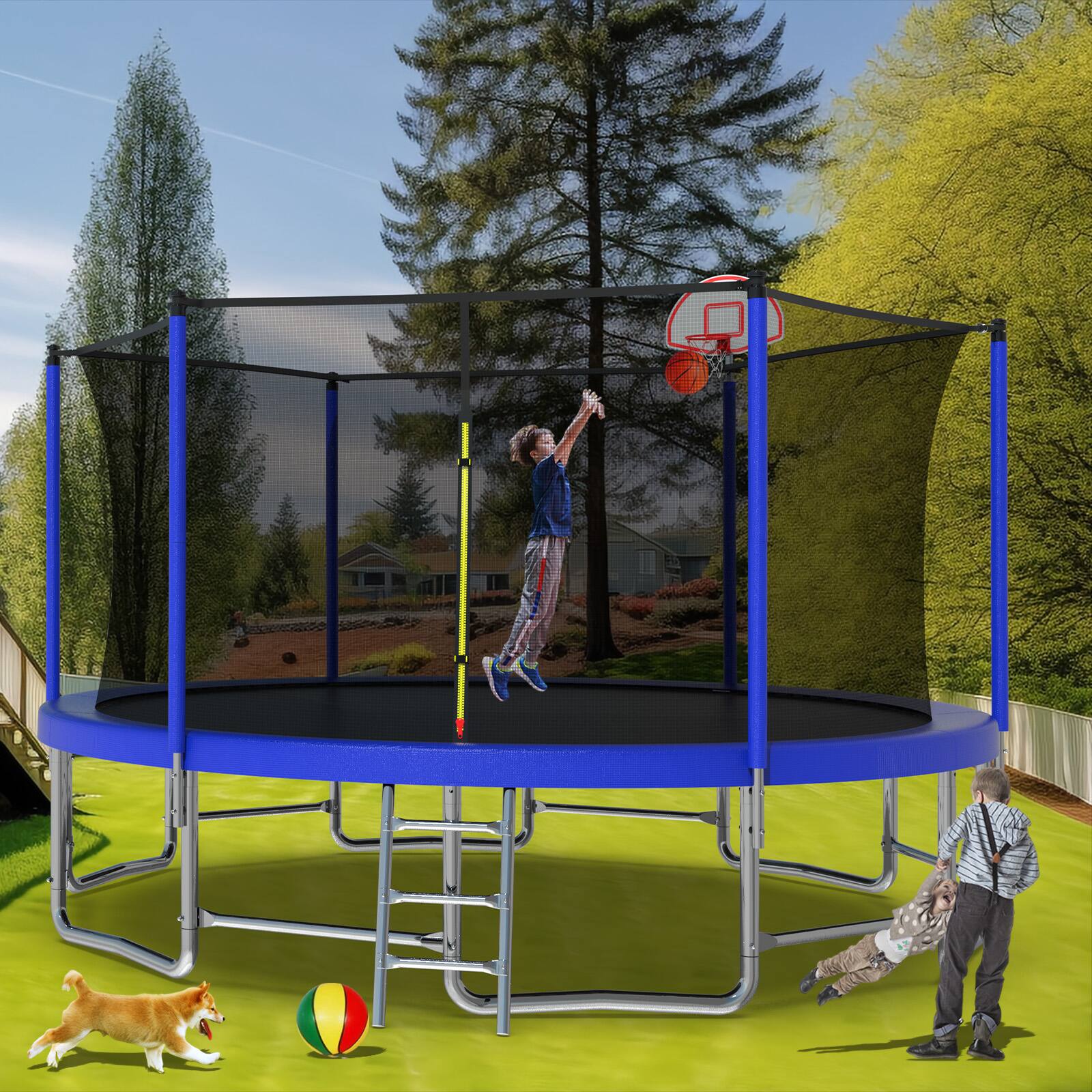 Back. Anysun - 16FT Trampoline with Balance Bar & Basketball Hoop&Ball, ASTM Approved Reinforced Type Outdoor Trampoline - Blue.