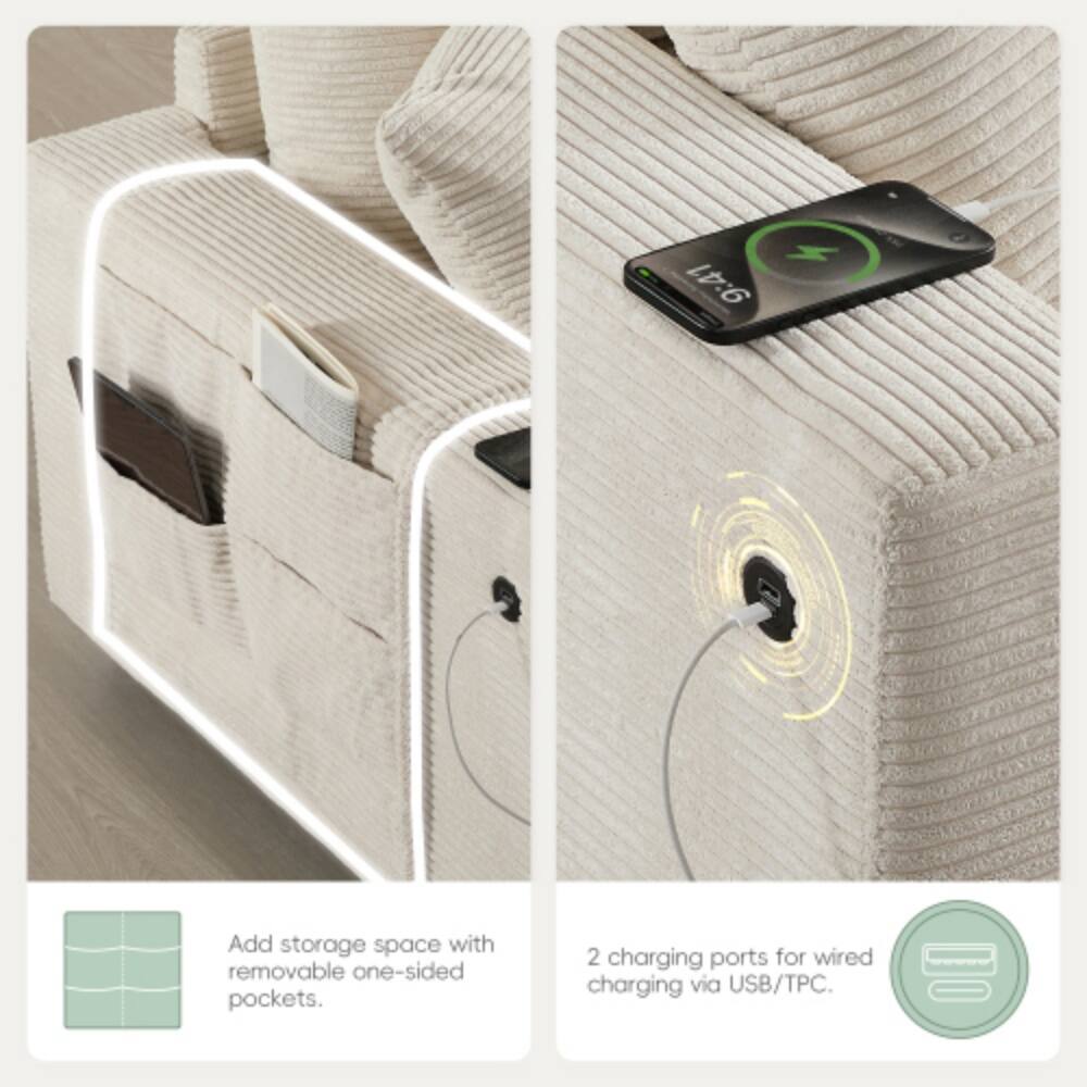 Add storage space with removable one-sided pockets.  
2 charging ports for wired charging via USB/TPC.