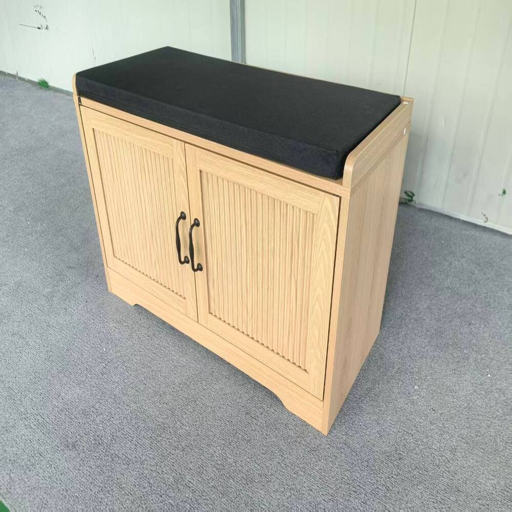 Alt View 1. Ropilly - Ropilly 31.5-Inch Oak Entryway Shoe Bench, Double Door Shoe Storage Cabinet with Cushioned Seat for Hallway - Oak.