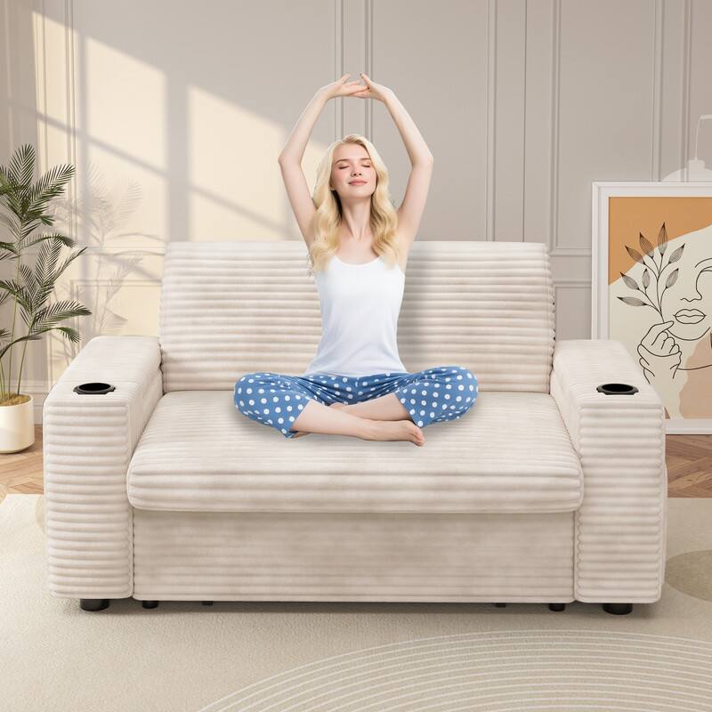 Angle. Dyonery - 65" Corduroy 3-in-1 Convertible Sofa Bed with Reclining Backrest|USB Ports|Cup Holders|Side Table|Storage Armrests - Beige.