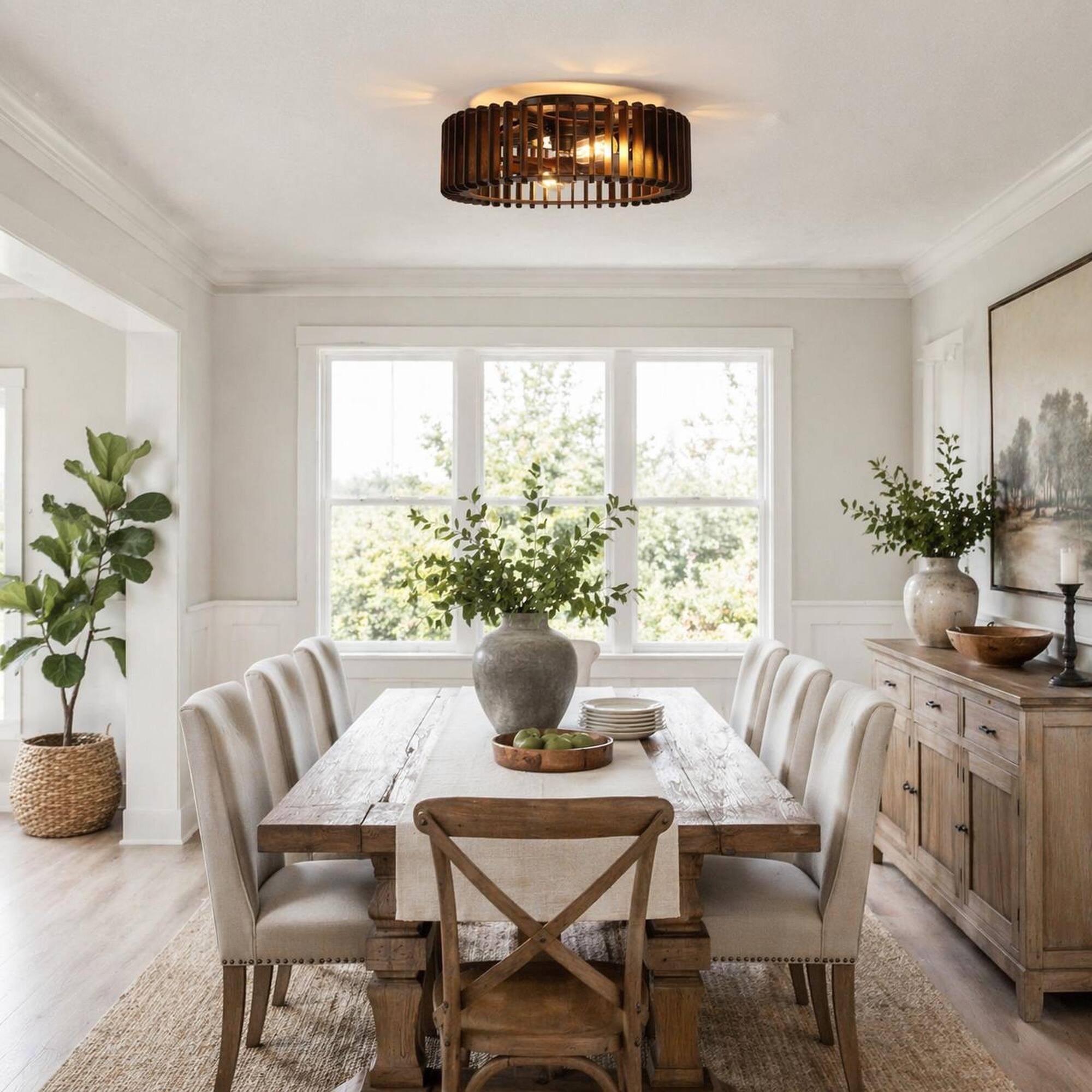 RYHNUYNE Handcrafted Wooden Semi Flush Mount Ceiling Light with 4 Light ...