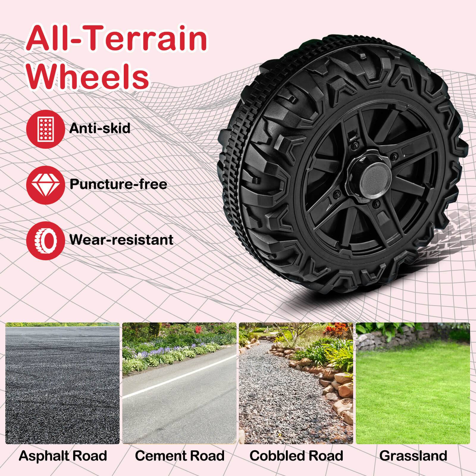 All-Terrain Wheels

- Anti-skid
- Puncture-free
- Wear-resistant

Asphalt Road  
Cement Road  
Cobbled Road  
Grassland