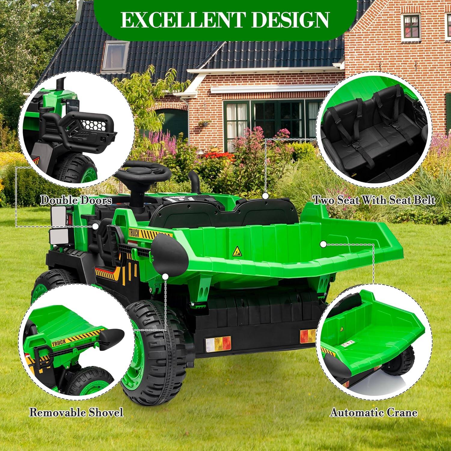 EXCELLENT DESIGN

- Double Doors
- Two Seat With Seat Belt
- Removable Shovel
- Automatic Crane