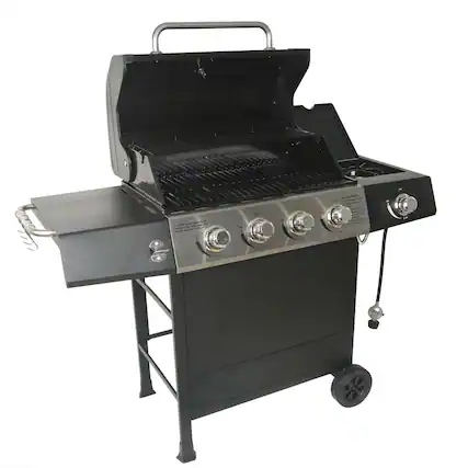 Front. Grill Boss - Grill Boss 4-Burner Gas Grill with Side Burner, Cover, Shelves, & Bottle Opener - Black.
