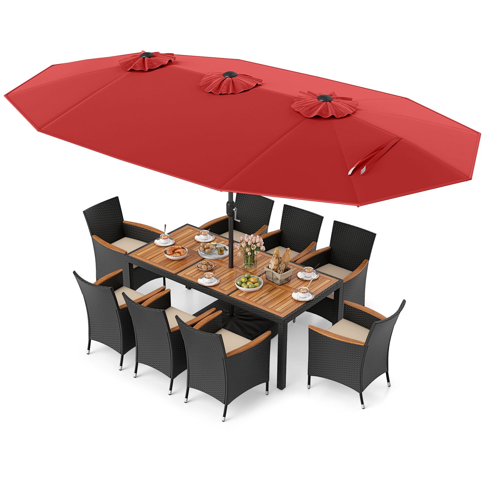 Costway - 11 PCS Patio Wicker Dining Set with Double-Sided Outdoor Umbrella 8 Stackable Chairs - Red,White price history on PriceWatchPro