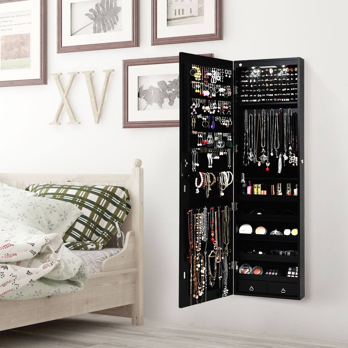 Alt View 2. Costway - Mirrored Jewelry Cabinet Jewelry Organizer w/2 LED Lights Black - Black.