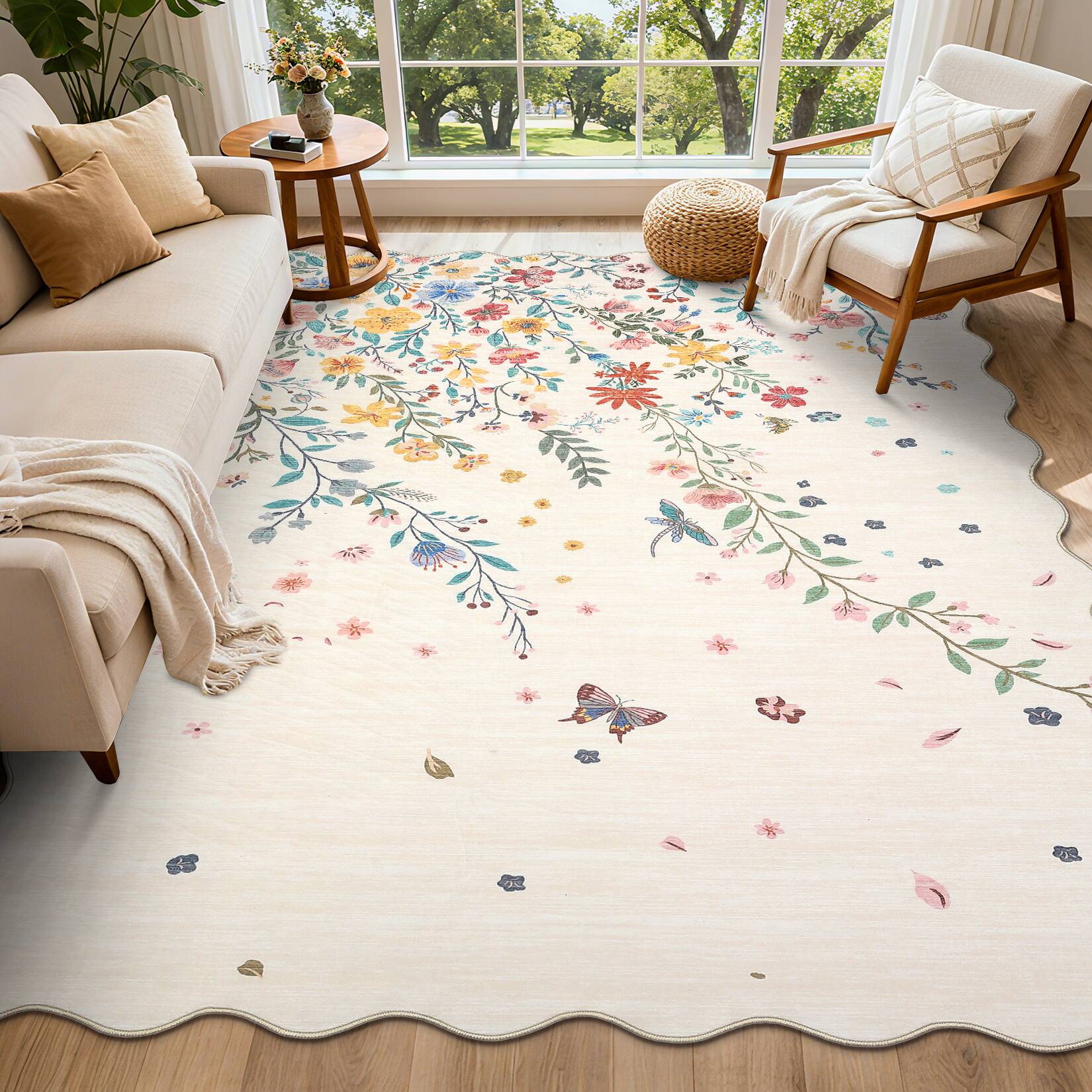 Angle. Jojoka - Pastoral Garden Rug Enchanted Floral & Insect Print Washable Carpet Soft Ultra-Thin for Boho Bedrooms & Living Rooms - Beige.