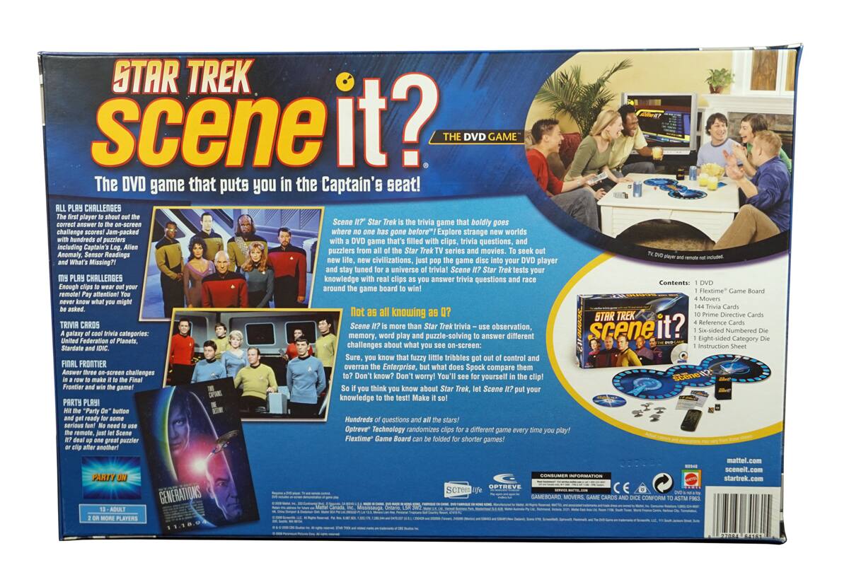 **STAR TREK scene it?**  
**THE DVD GAME**  
**The DVD game that puts you in the Captain's seat!**

**ALL PLAY CHALLENGES**  
The first player to shout out the correct answer to the on-screen challenge scores! Jam-packed with hundreds of puzzlers, including Captain's Log, Alien Anomalies, Sensor Readings, and What's Missing?!  
**MY PLAY CHALLENGES**  
Enough clips to wear out your DVD player! Pay attention! You never know what might be asked!  
**TRIVIA CARDS**  
A galaxy of cool trivia categories: United Federation of Planets, Stardate, and D&C.  
**FINAL FRONTIER**  
In a row to make it to the Final Frontier and win the game!  
**PARTS PLAY!**  
Hit the "Party On" button for serious fun! No need to use the remote, just let Scene It? deal up one great puzzler or clip after another!  
**PARTY ON**  
13+ ADULT  
2 OR MORE PLAYERS

**Scene It?** Star Trek is the trivia game that boldly goes where no one has gone before! Explore strange new worlds with a DVD game that's filled with clips,
