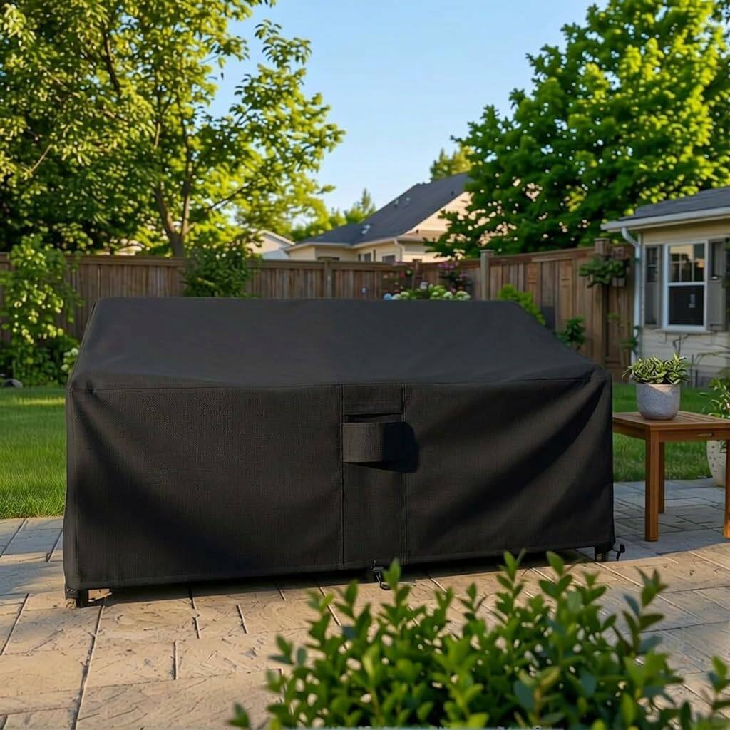 Back. KHOMO GEAR - Outdoor Couch Cover Waterproof, 3-Seater Patio Sofa and Loveseat Cover with Vents and Leg Straps - 76"W x 33"D x 32.5"H - Black.
