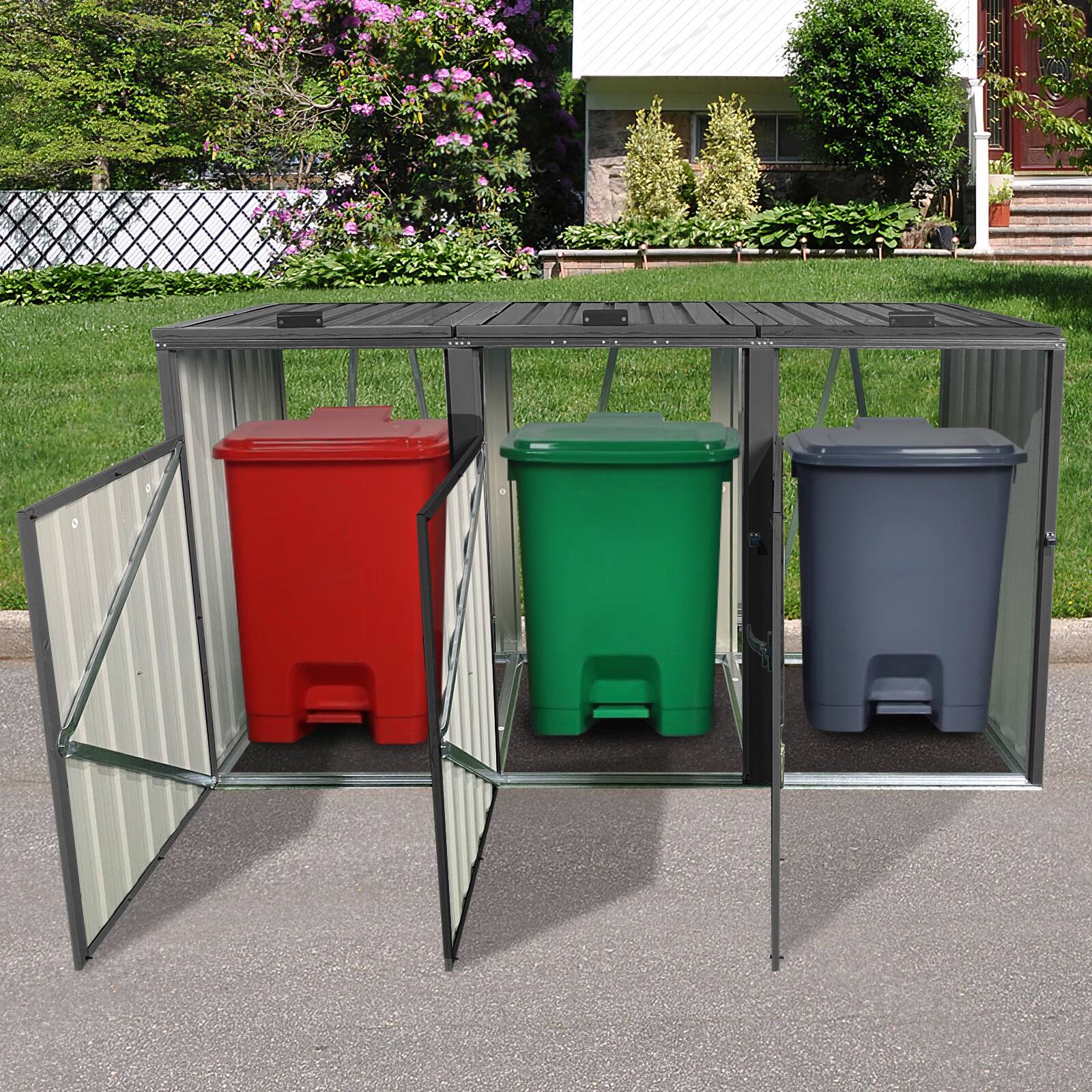 Angle. Mondawe - 3 Trash Cans Metal Outdoor Bin Shed - Black.