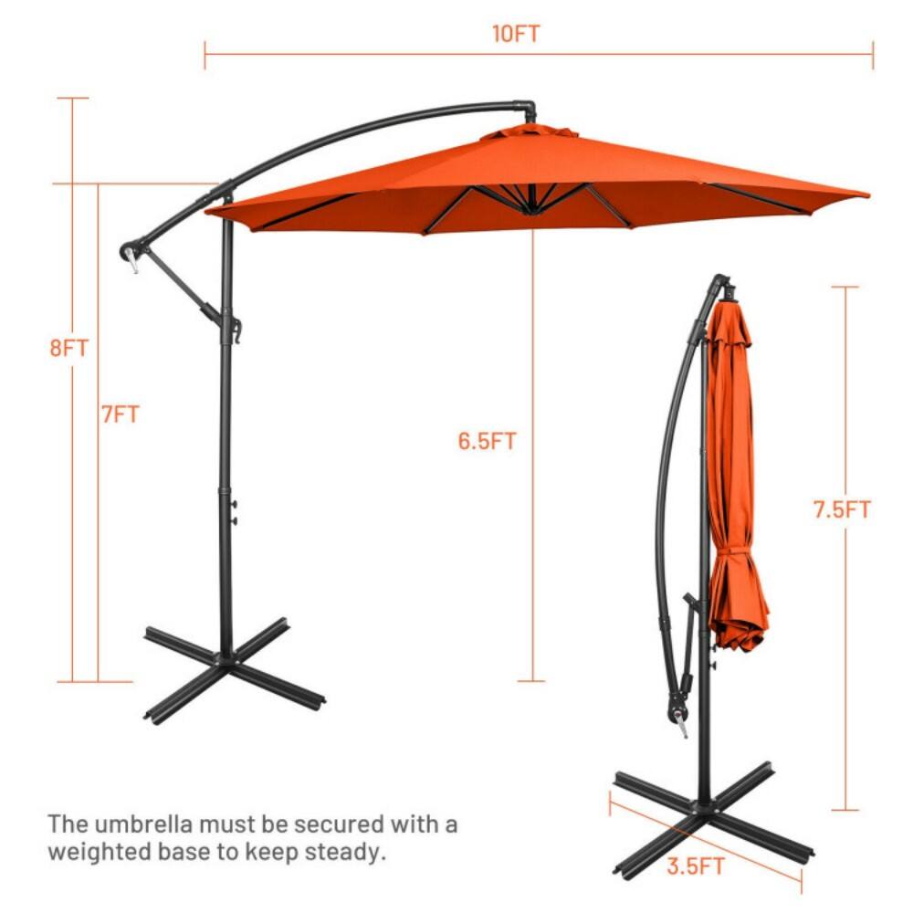 10FT  
8FT  
7FT  
6.5FT  
7.5FT  
3.5FT  

The umbrella must be secured with a weighted base to keep steady.