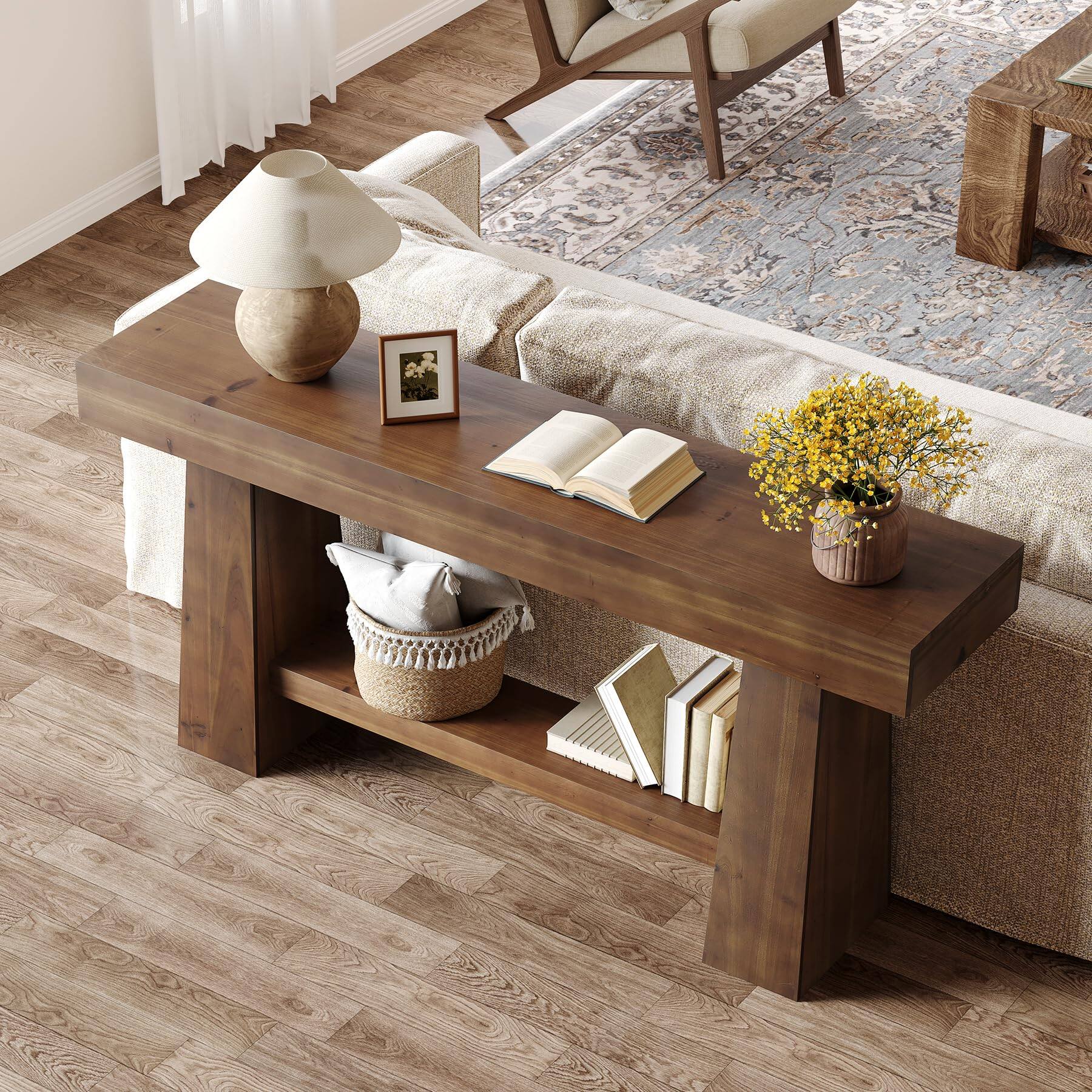 Left. Tribesigns - Solid Wood Console Table, 63-Inch Entryway Table with Storage, Long Wooden Sofa Table Behind Couch for Entryway, Hallway - Dark Brown.