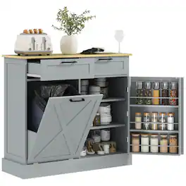 Homcom - Gallon Farmhouse Kitchen Cabinet with Hidden Trash Can and 2 Drawers - Gray