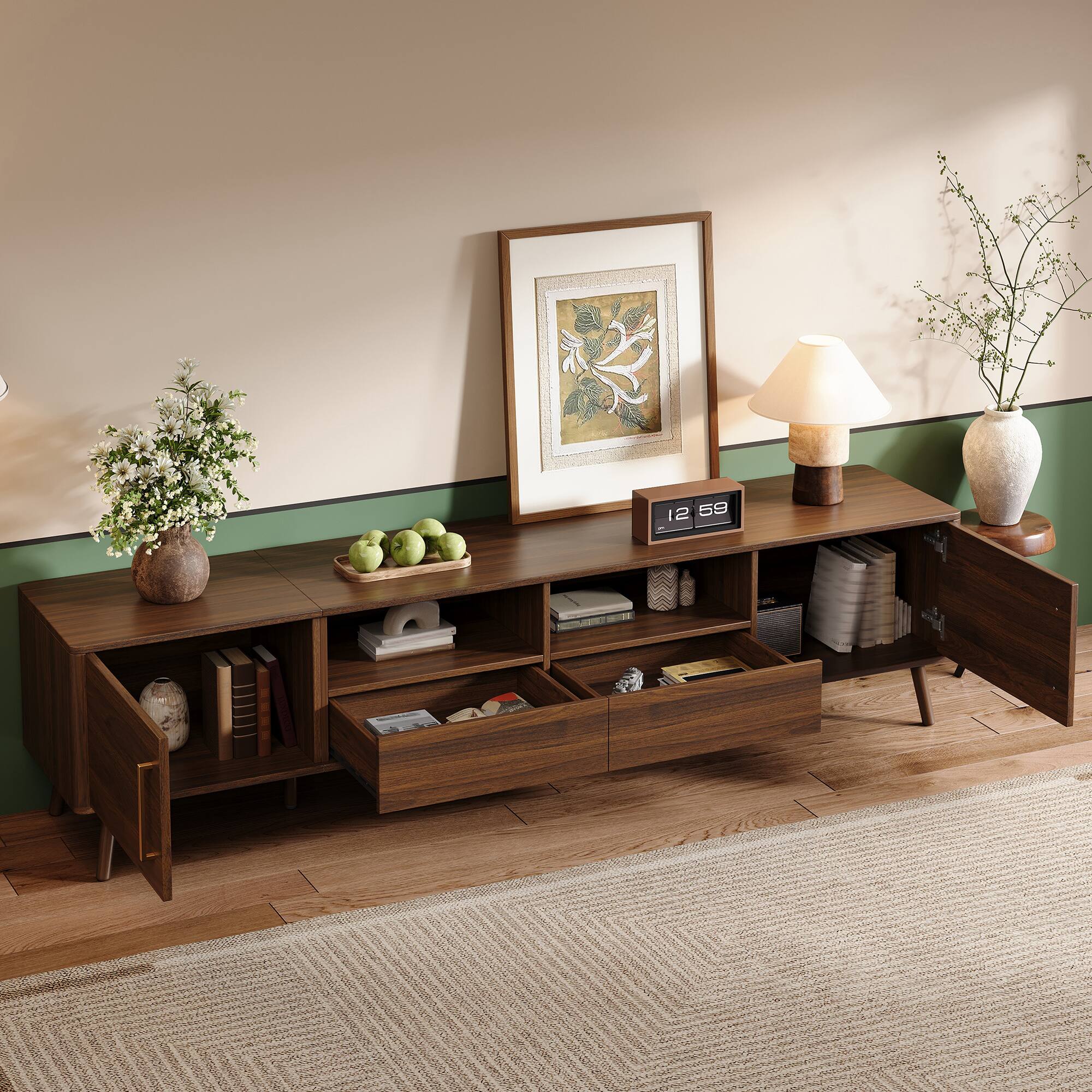Left. MERAVOM - Mid-Century Modern TV Stand for TVs Up to 85", Entertainment Center with Storage Cabinets, 2 Drawers & Open Shelves - Walnut.