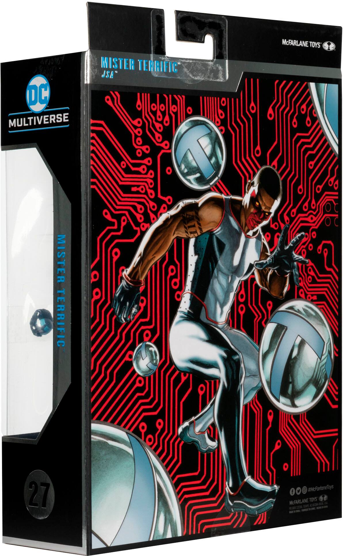 Mister Terrific is a member of the Justice Society of America (JSA) and is featured in the DC Multiverse line of action figures by McFarlane Toys. The figure is numbered 27 and comes with a display stand.