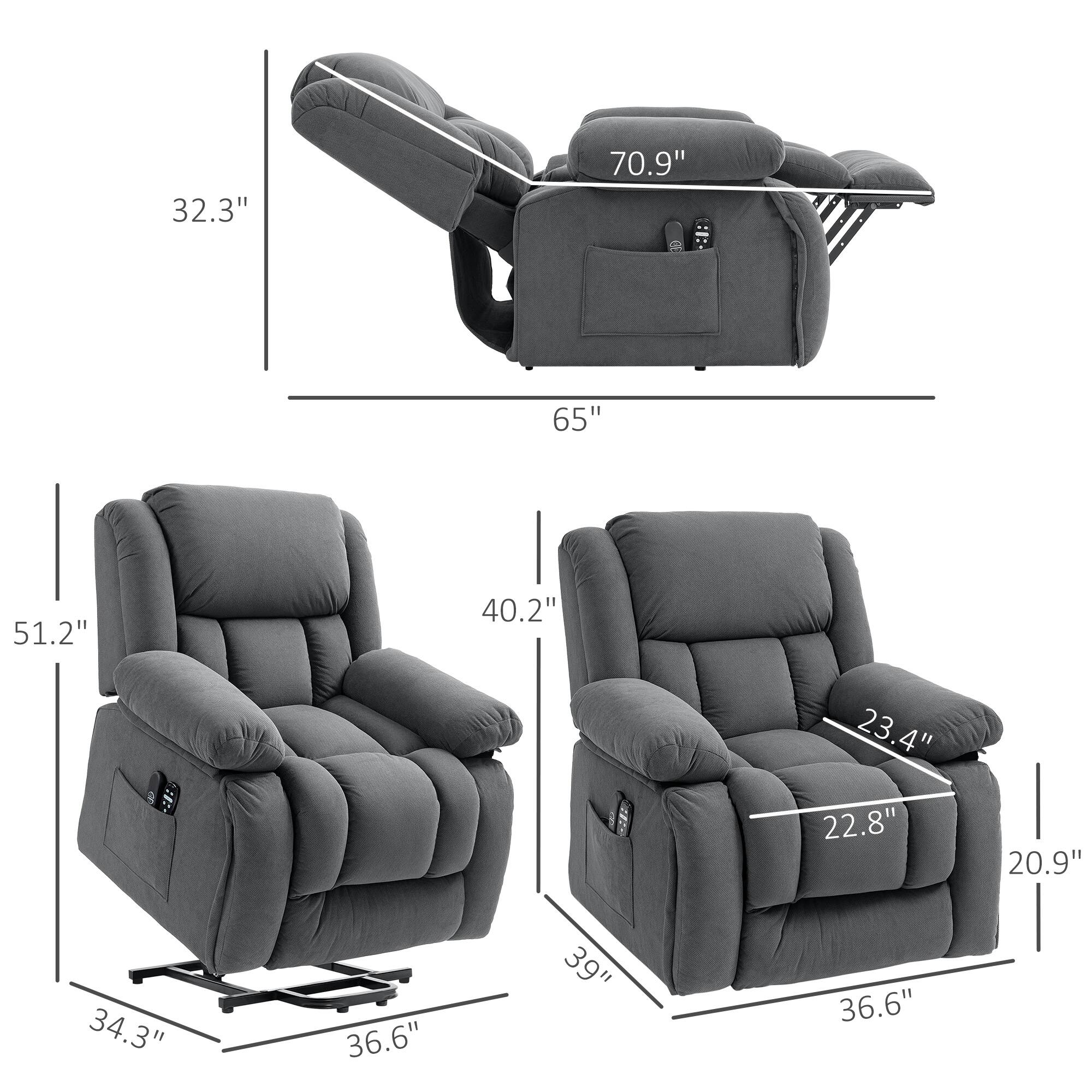 The dimensions of the recliner chair are as follows:

- Height: 70.9"
- Width: 65"
- Depth: 51.2"
- Armrest width: 40.2"
- Seat width: 34.3"
- Seat depth: 36.6"
- Backrest height: 39"
- Seat height: 23.4"
- Armrest height: 22.8"
- Footrest width: 36.6"