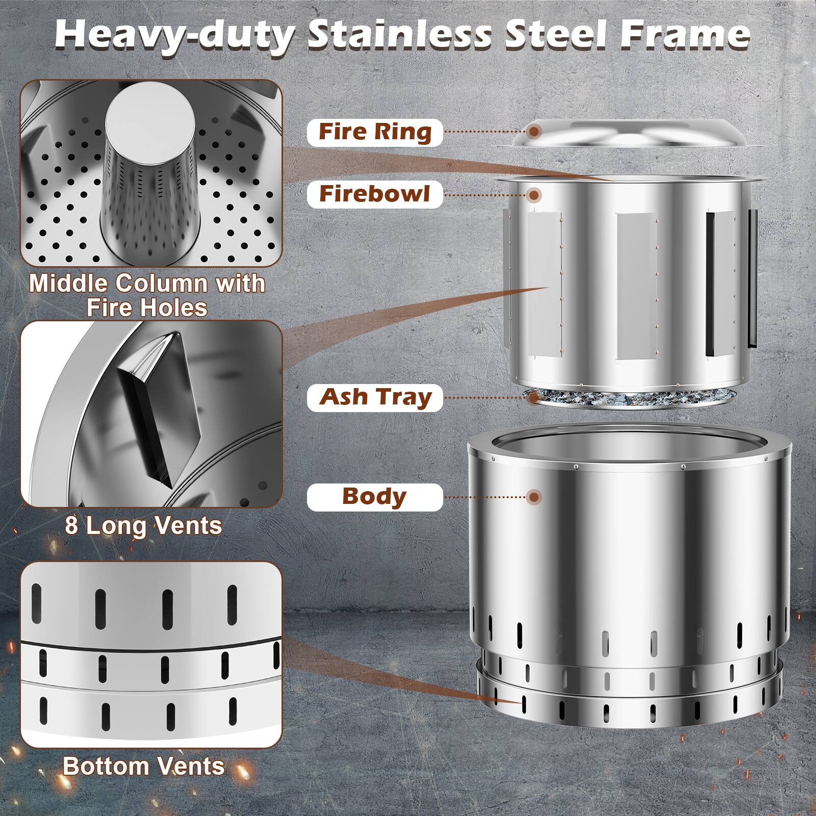 Heavy-duty Stainless Steel Frame, Fire Ring, Firebowl, Middle Column with Fire Holes, Ash Tray, 8 Long Vents, Body, Bottom Vents